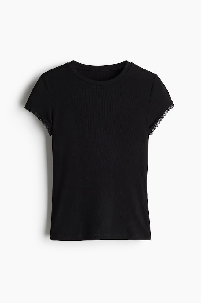 Lace-Trimmed Ribbed T-Shirt - Black/Cream/Light blue/Dusty pink/White/floral - 1