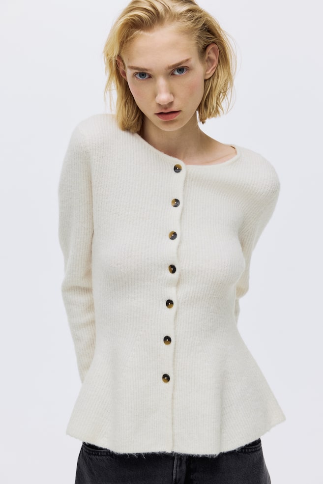 Rib-Knit Peplum Cardigan - Cream/Dark gray melange/Beige melange - 2