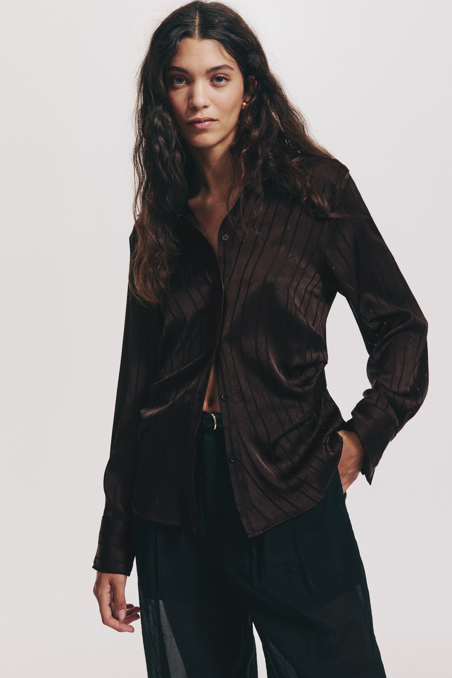 Draped shirt - Dark brown/Golden olive/Cream - 5