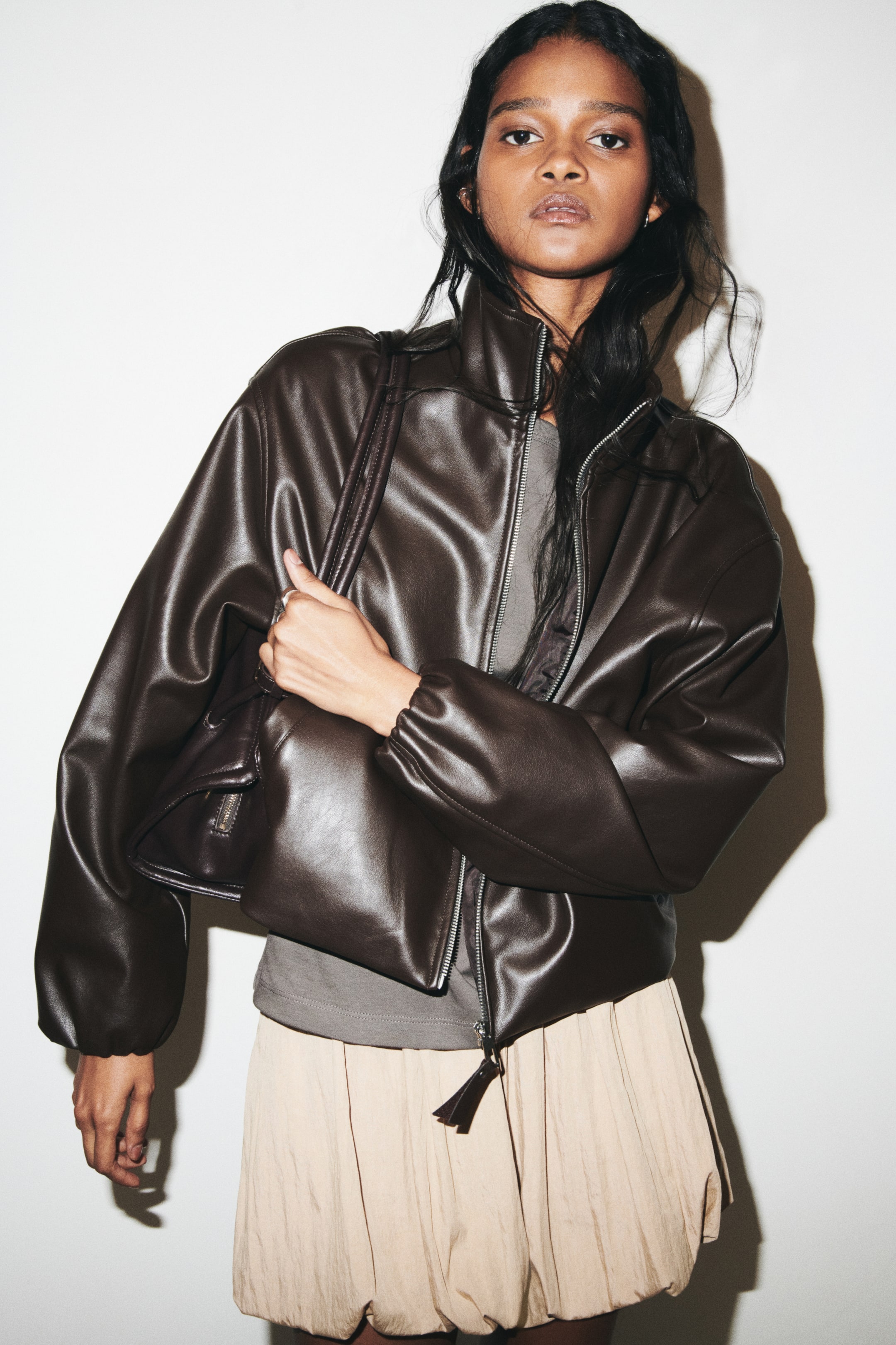 View larger image: Coated funnel-collar jacket - Dark brown - Ladies | H&M 1