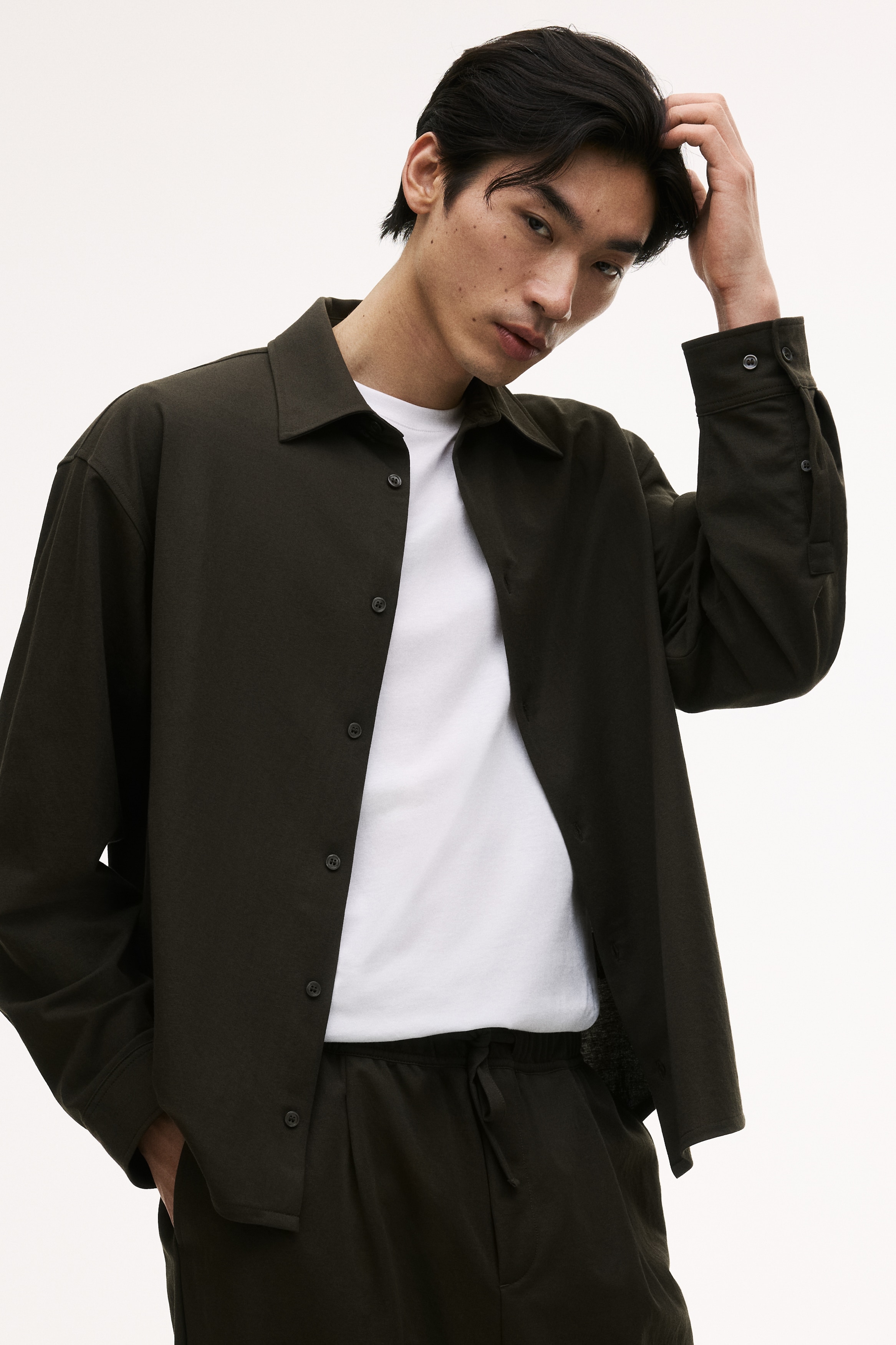 Loose Fit Shirt - Dark khaki green/Navy blue