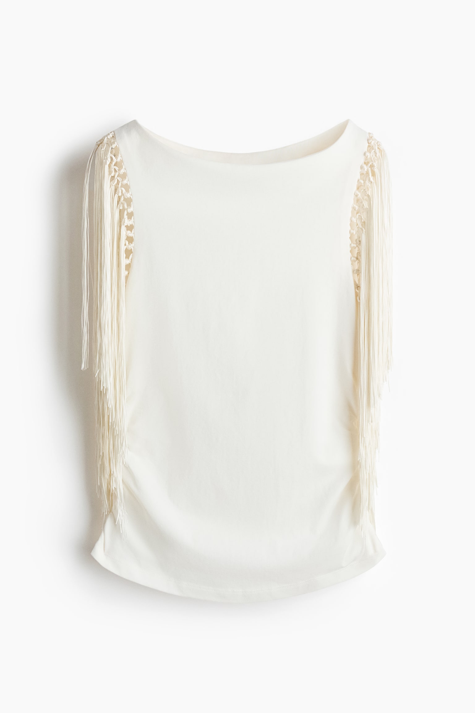 Top à encolure bateau avec finition frangée - Crème/Rouge - 1