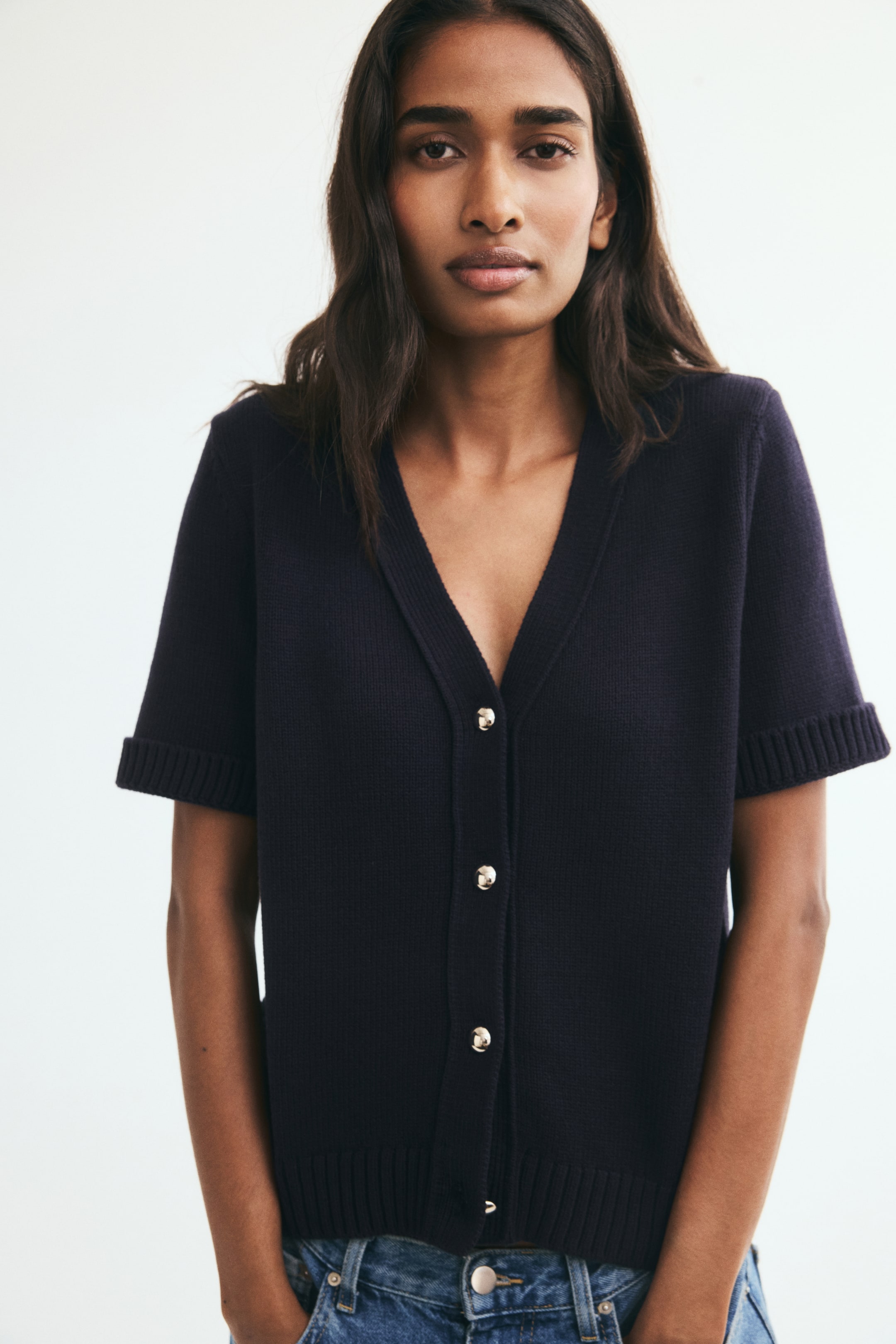 Ver imagem maior: Casaco de malha com mangas curtas - Azul marinho - SENHORA | H&M PT 1