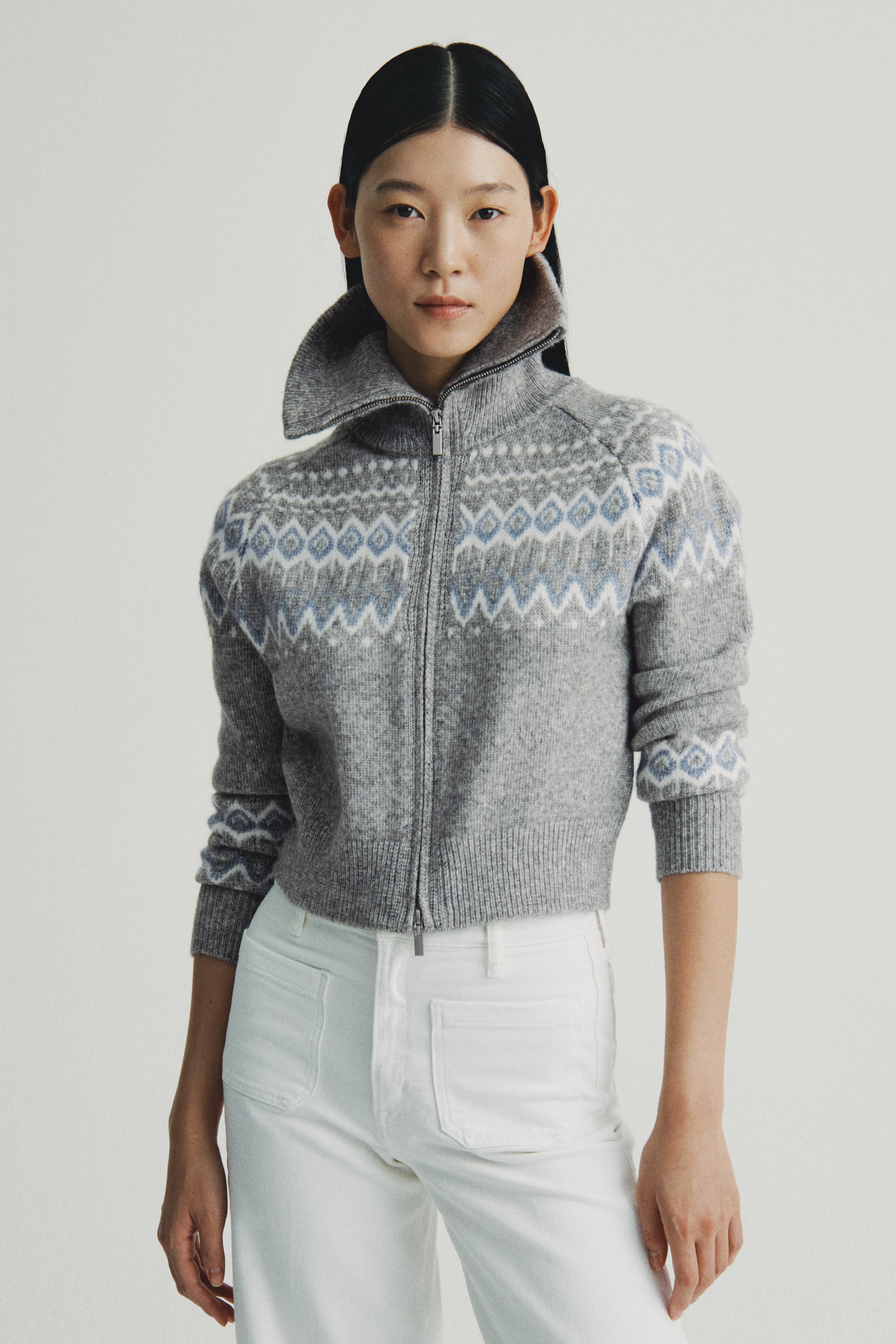 拡大画像を表示: ジャカードニットカーディガン - Grey marl/Patterned - レディース | H&M JP 1