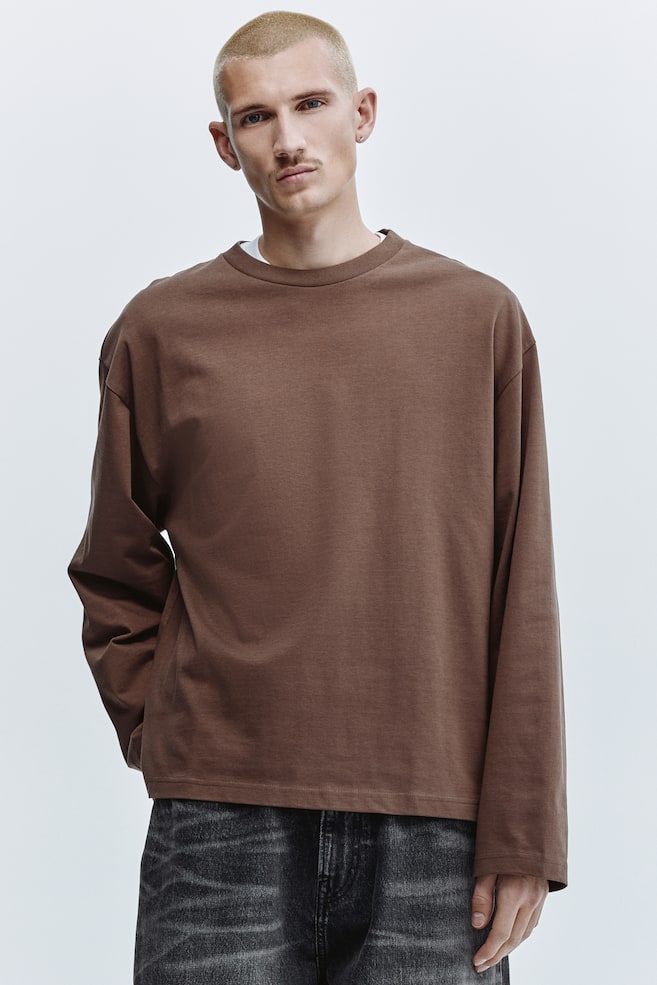Oversized Long-Sleeved Jersey Shirt - Brown/White/Black/Gray melange - 2