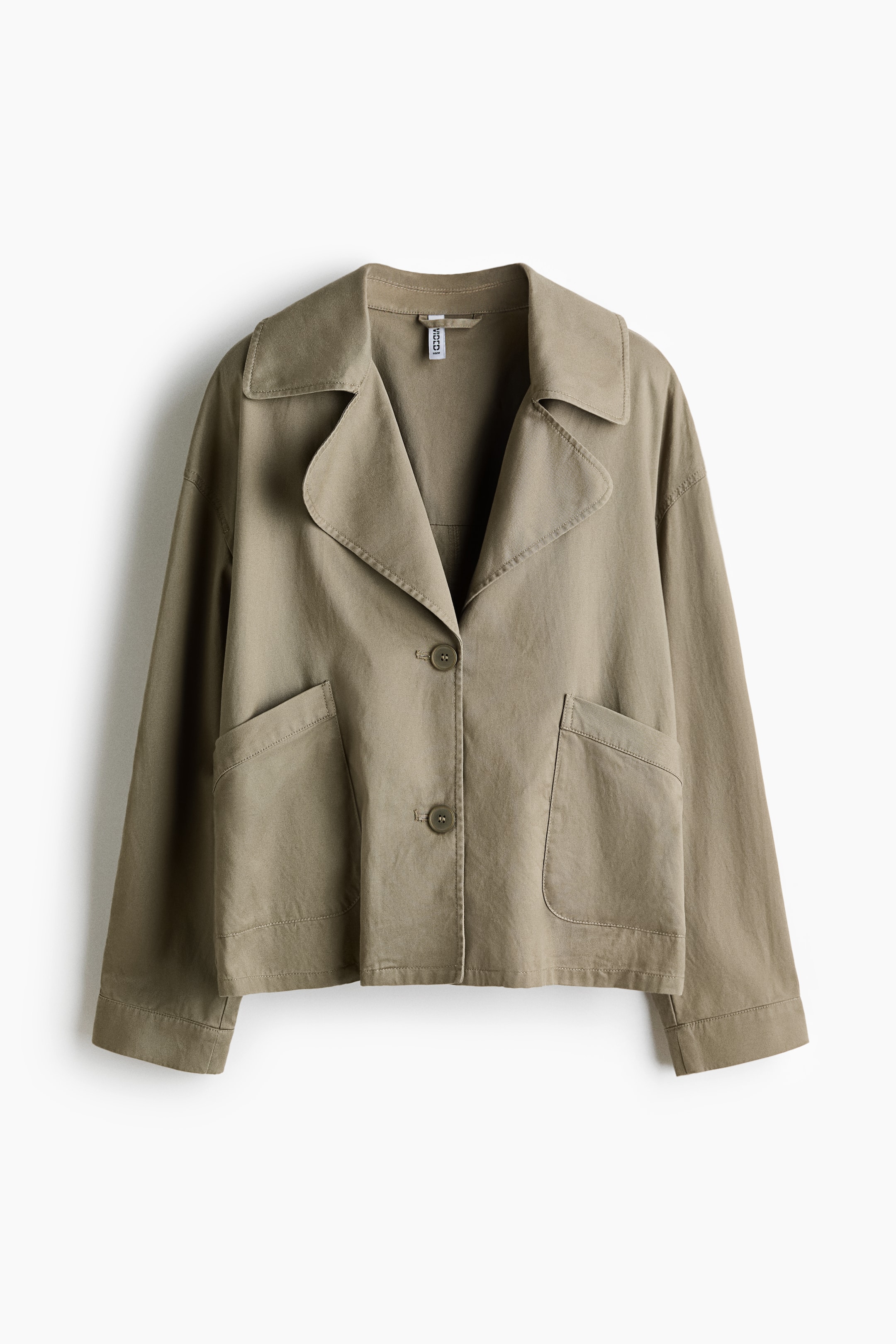 View larger image: A khaki-green jacket is shown from the front, featuring a wide collar and a two-button front closure. It also displays two large, rectangular patch pockets near the hem.