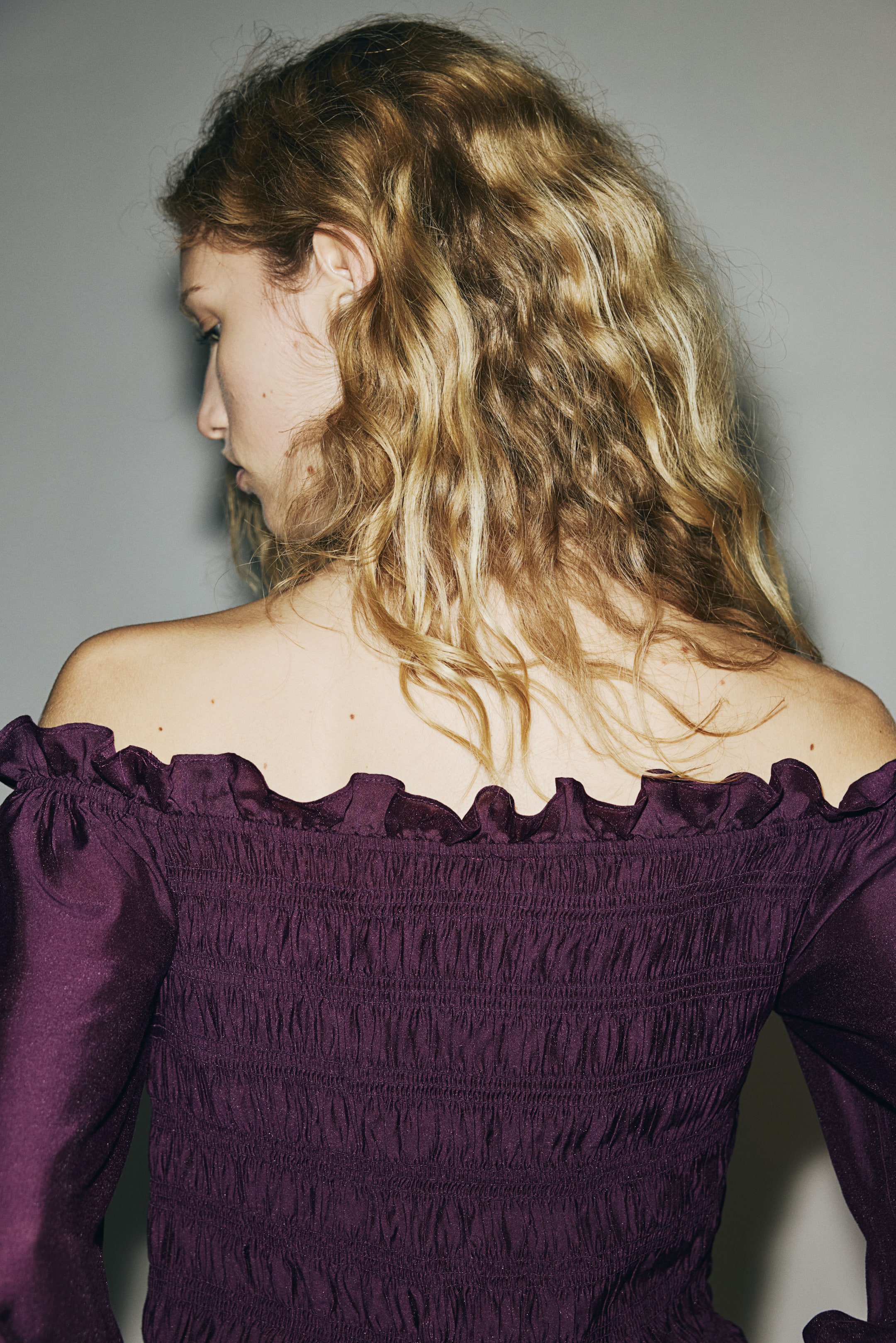 View larger image: Smocked Off-the-Shoulder Blouse - Plum purple - Ladies | H&M CA 3