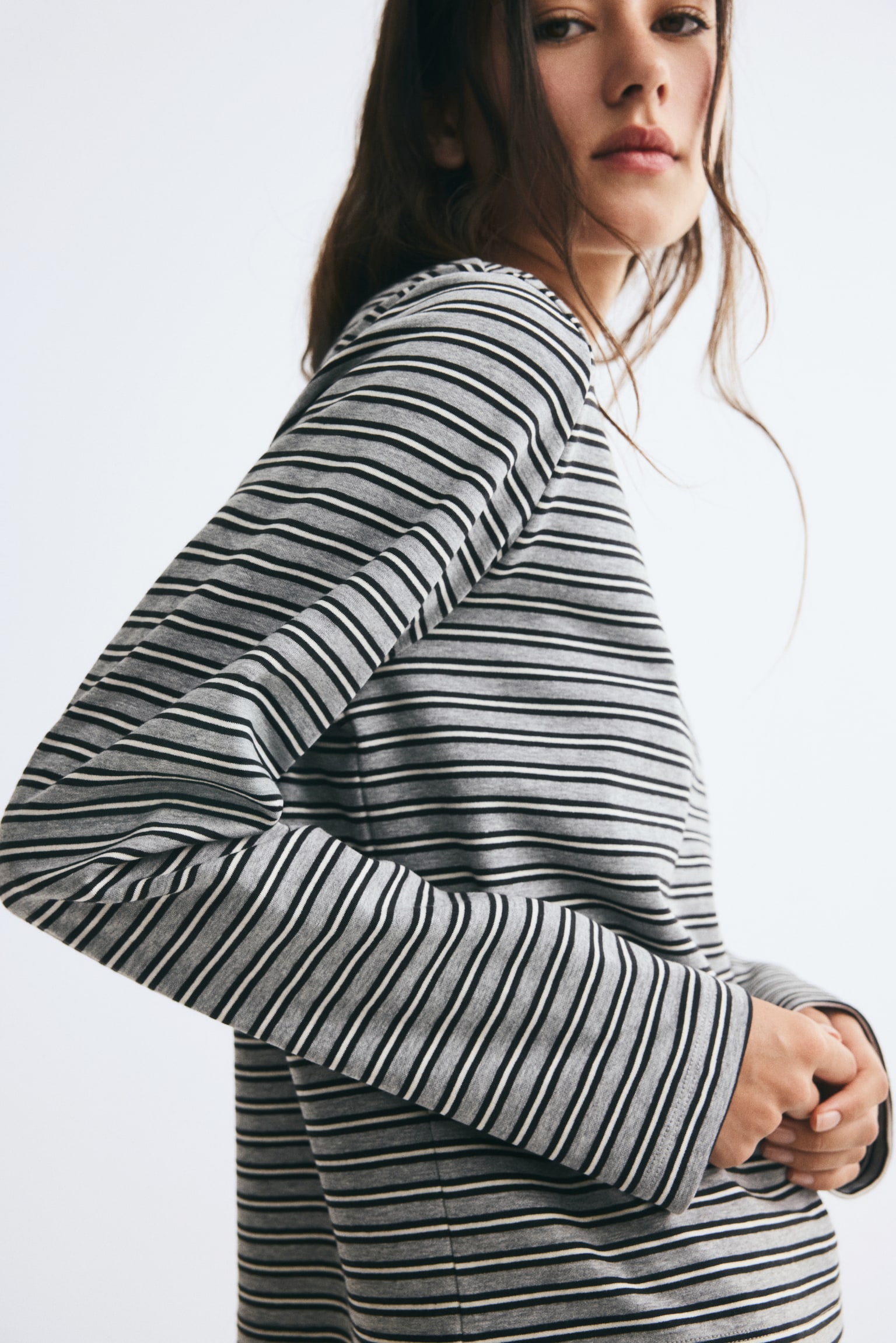 Женский топ H&M Long-Sleeved Jersey, цвет: Серый меланжевый / Полосатый — фото 5