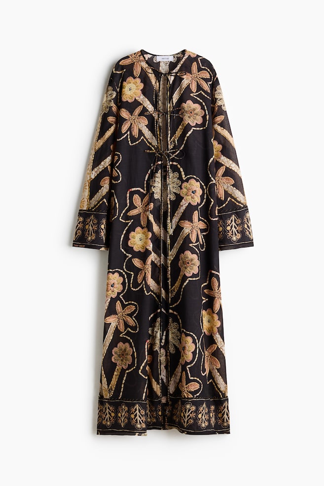 Floral-Print Tie-Detail Kaftan Dress-Black/floral - 1