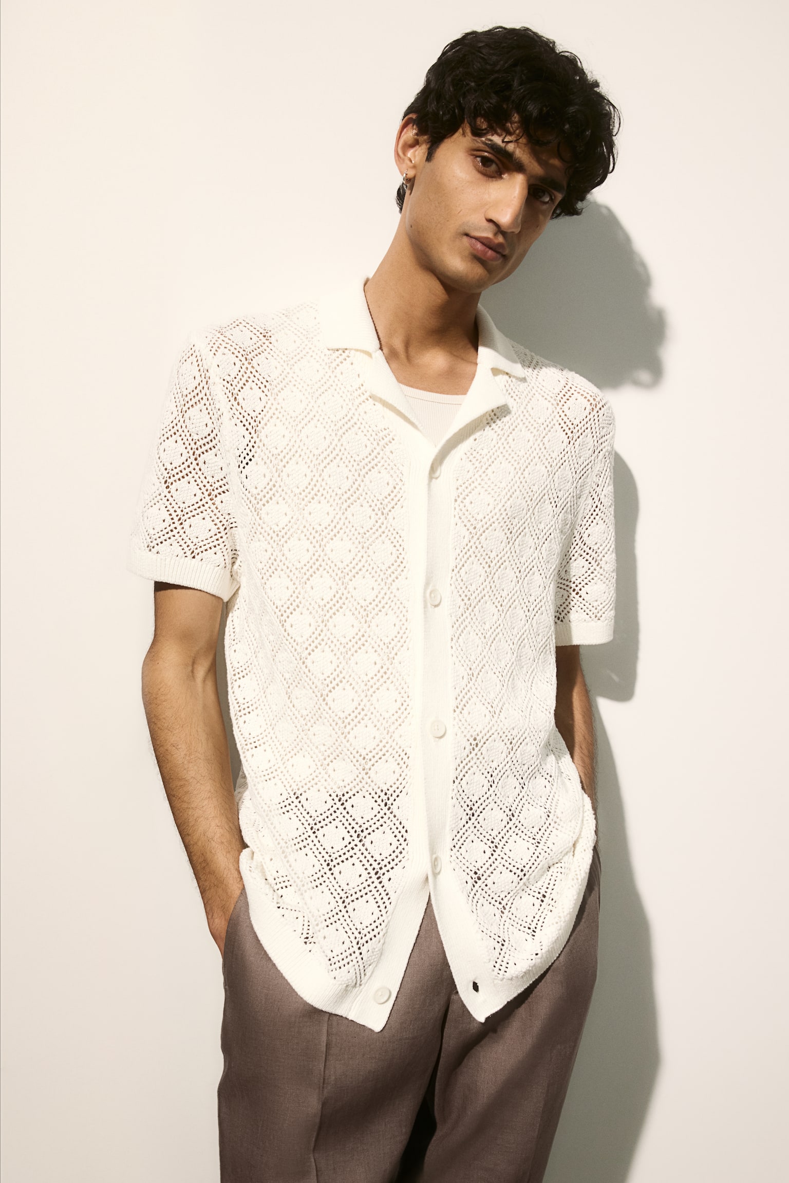 Regular Fit Crochet-look resort shirt - White/Black - 6