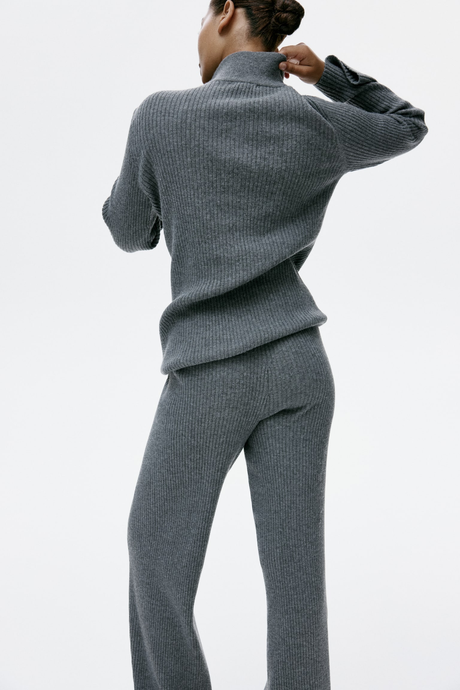 Wide rib-knit trousers - Grey marl/Dark brown - 4