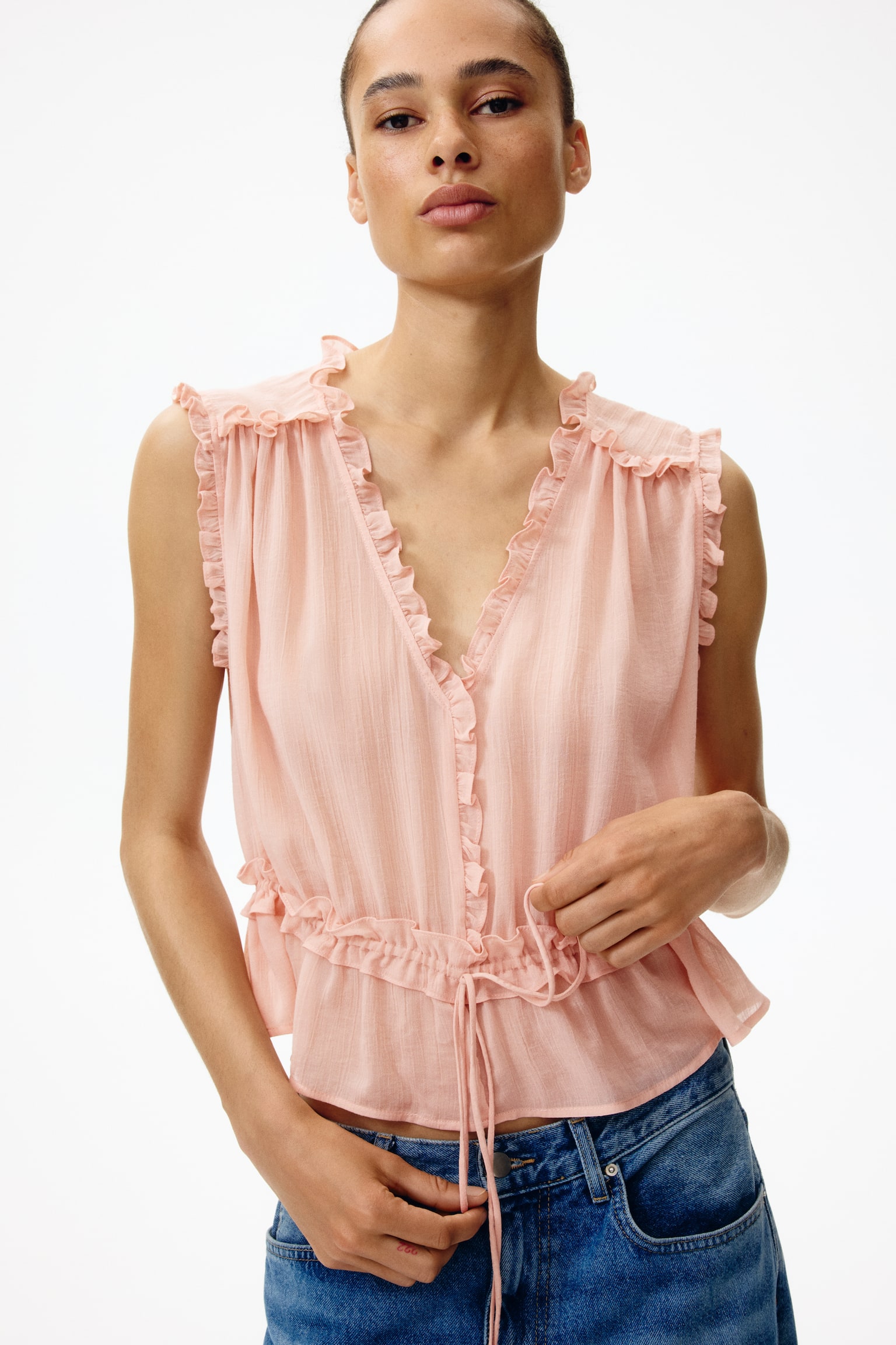 Blusa com folhos em lyocell - Rosa pêssego/Branco - 1
