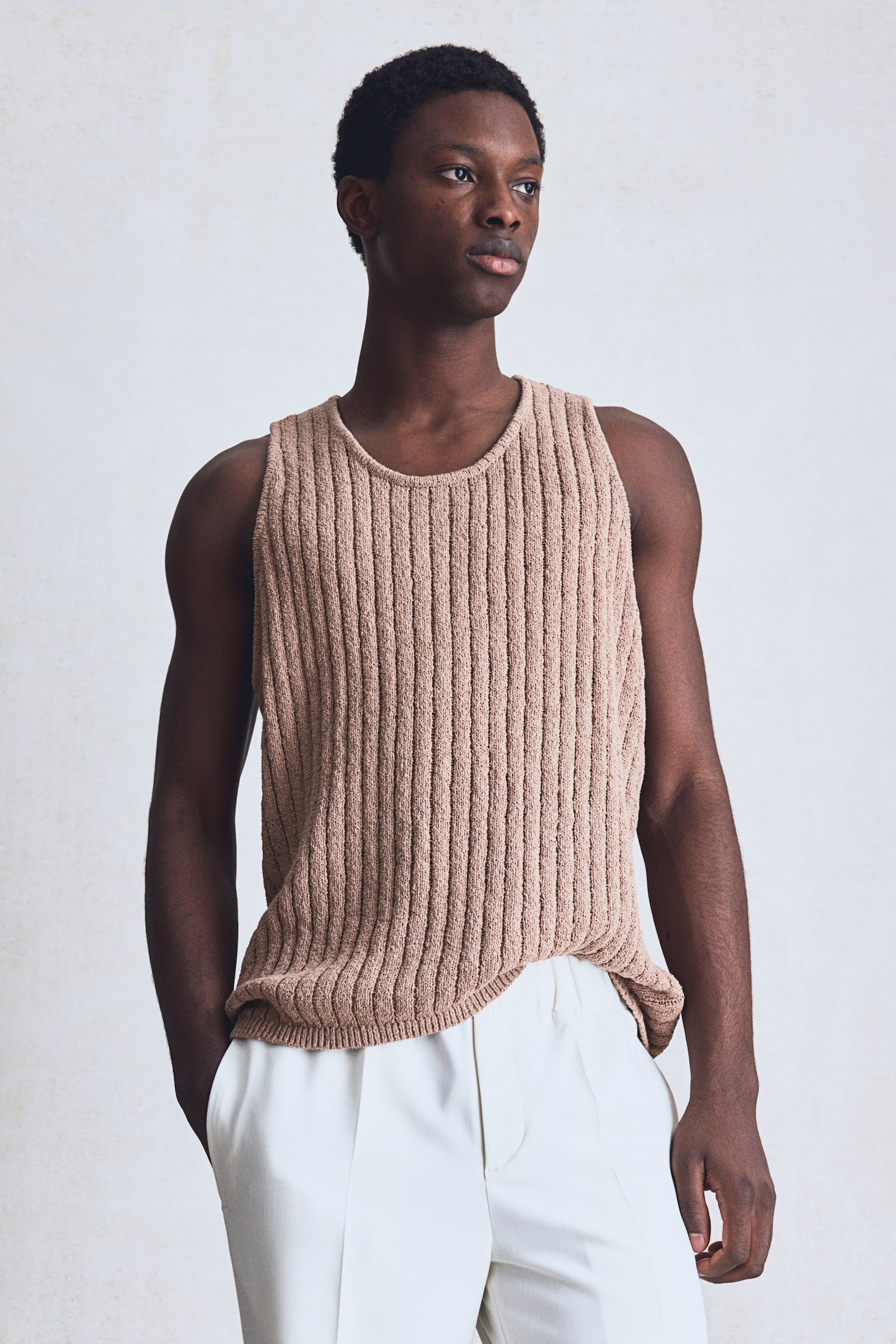 Regular Fit Rib-knit vest top - Dark beige/Cream