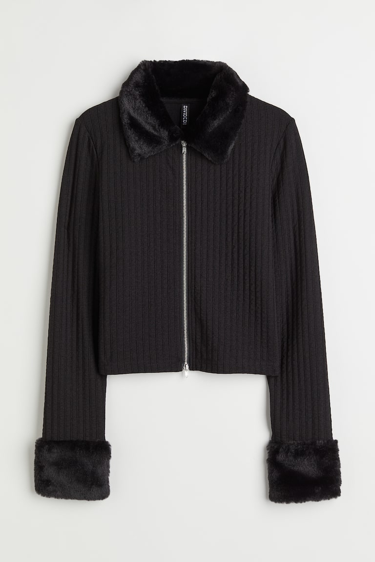 Faux Fur-collar Cardigan Black Ladies H&M US