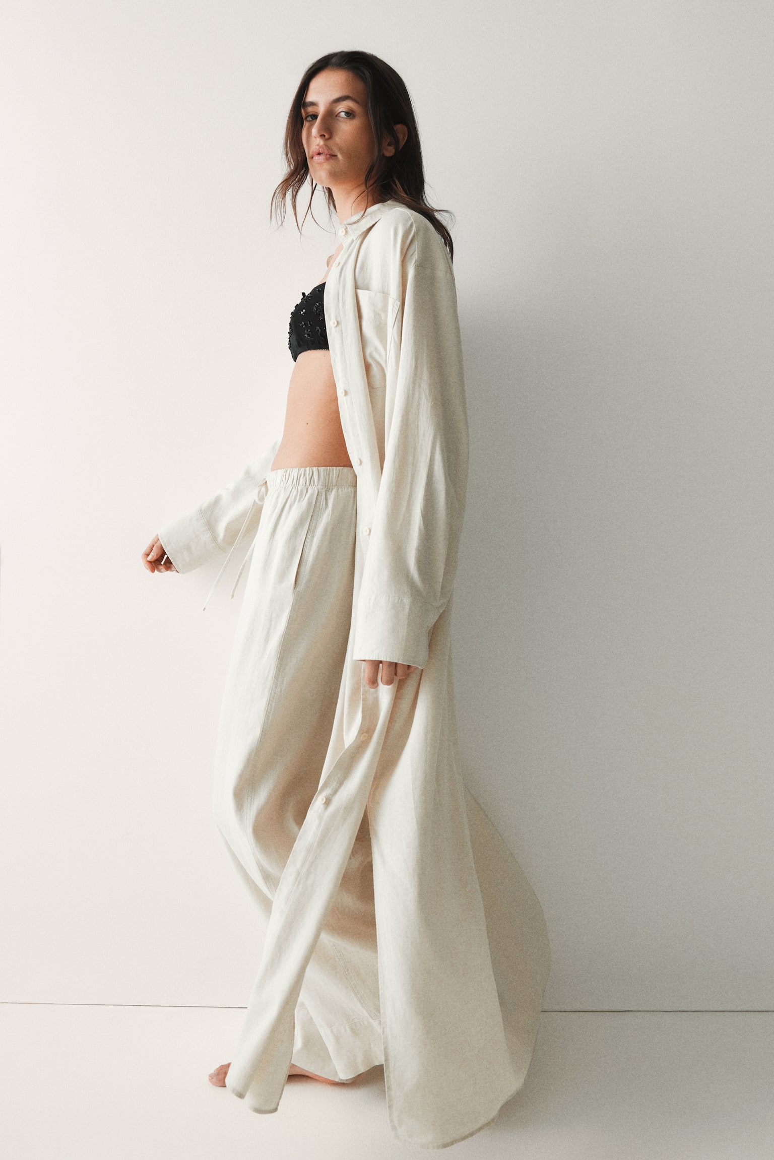 Linen-blend shirt dress - Light beige/Dark brown - 5
