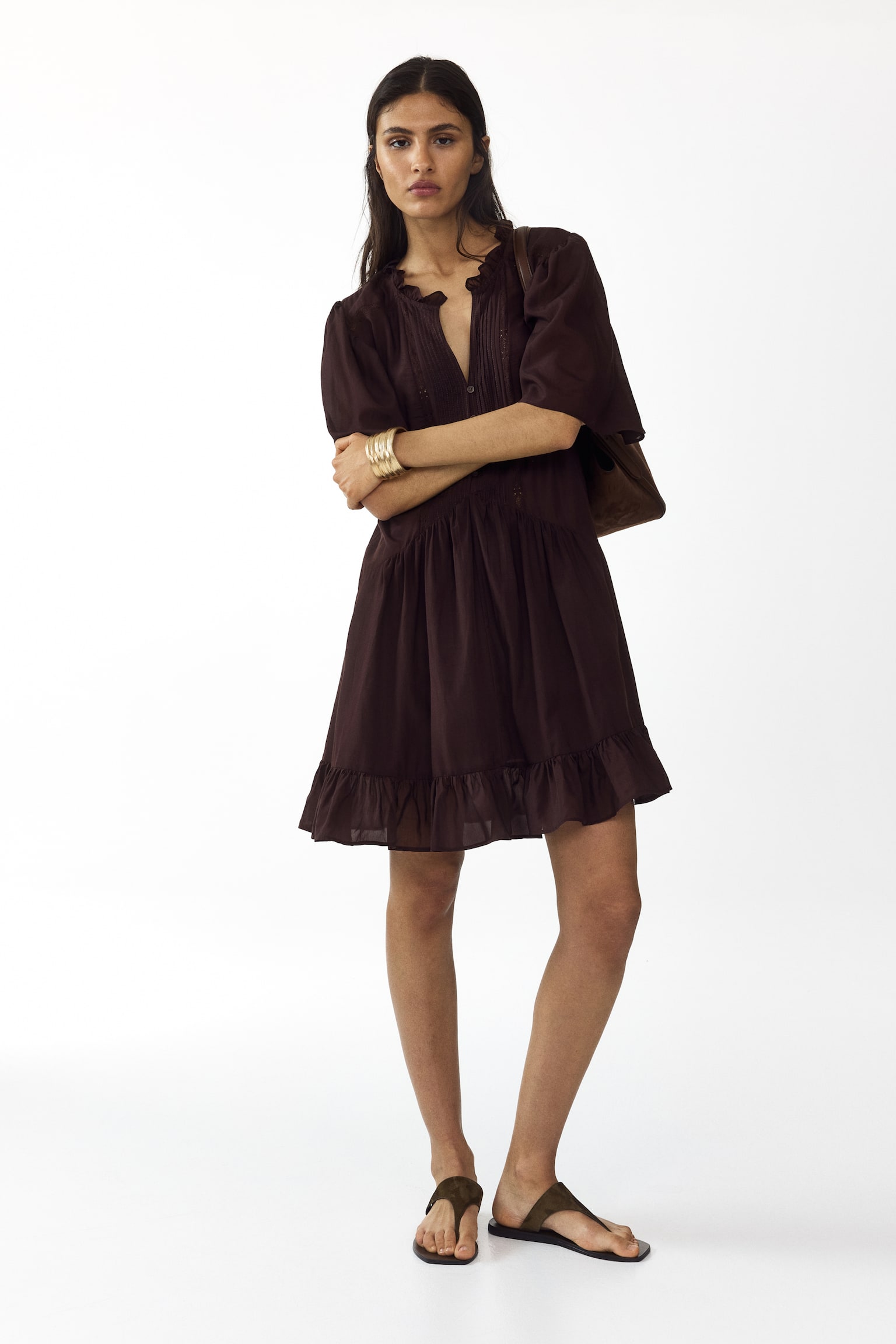 Viscose-blend tunic dress - Dark brown/Cream - 5