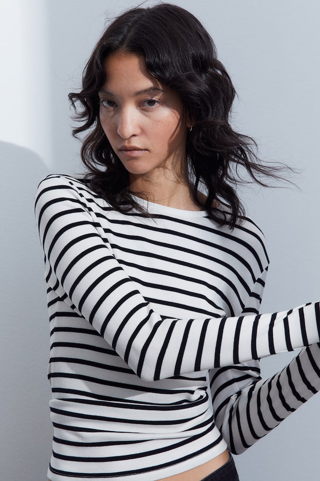 Ribbed long-sleeved top - White/Striped/Black/White/Dusty green - 6