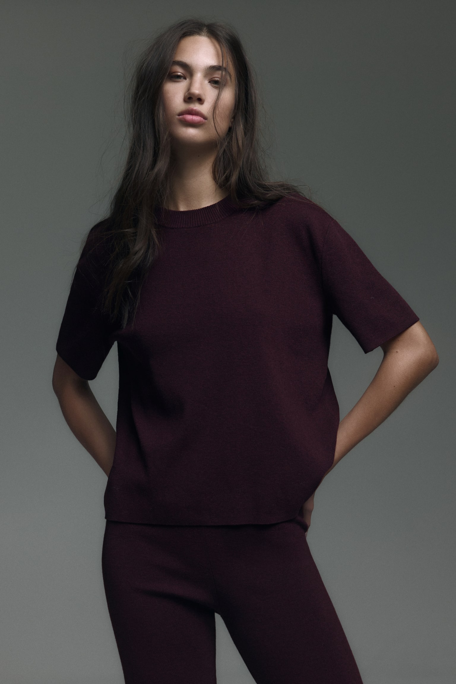 Fine-knit top - Burgundy/Cream - 3