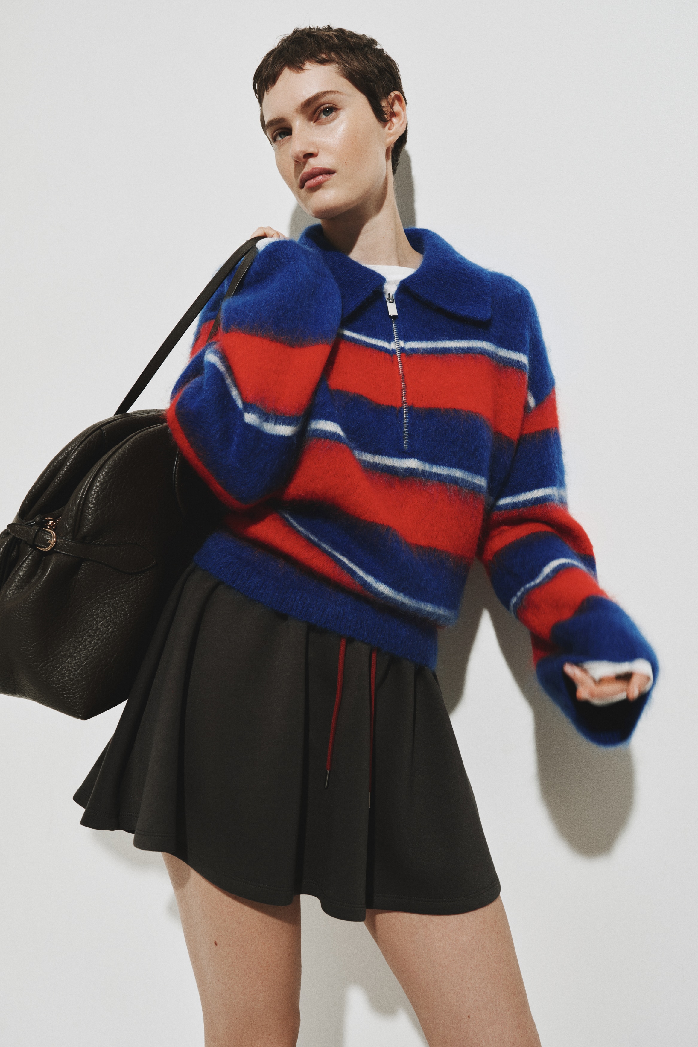 Mohair-Blend Half-Zip Sweater - Bright blue/red striped - Ladies