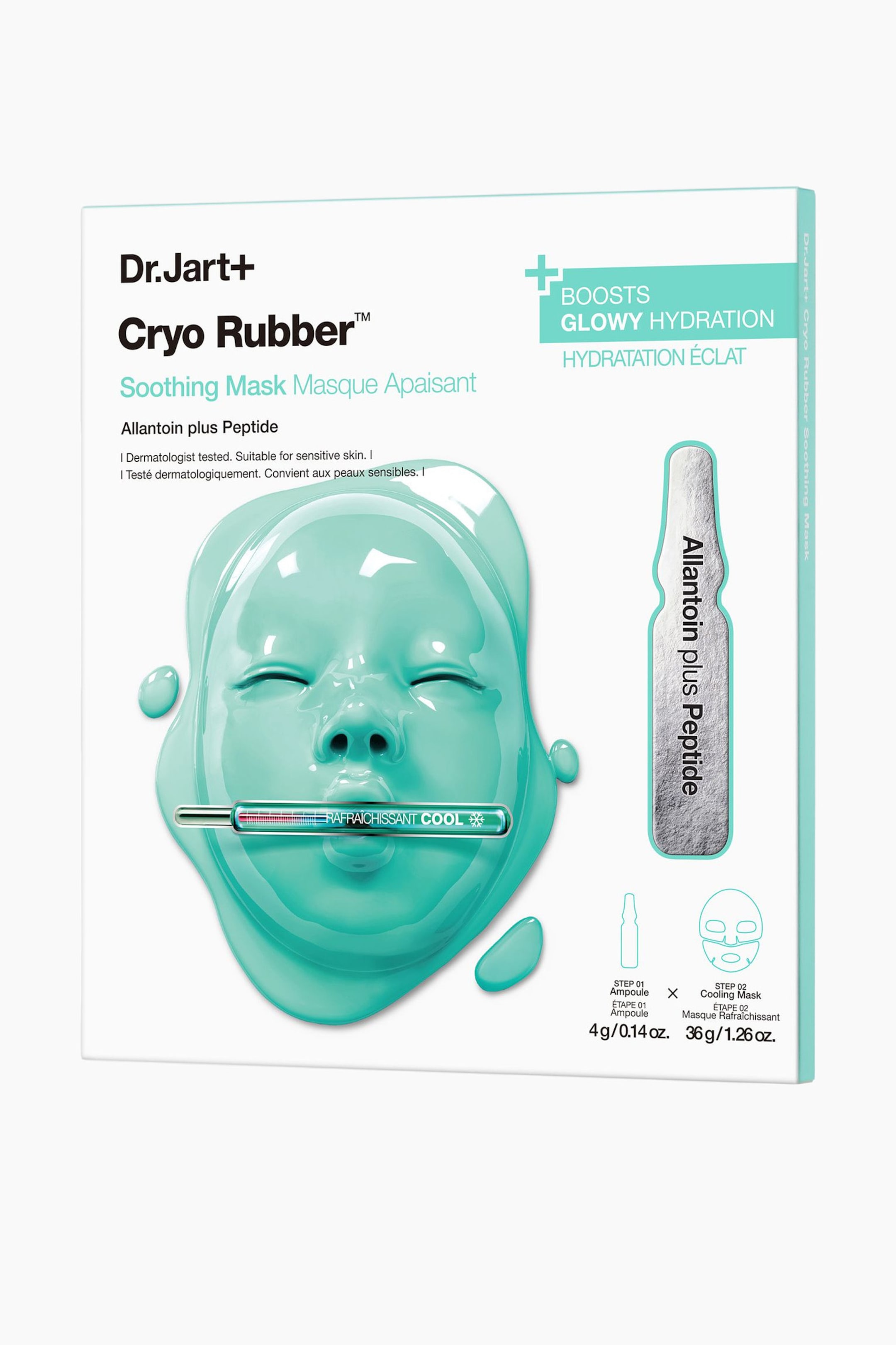 Visa större bild: Förpackningen av Dr. Jart+ Cryo Rubber Soothing Mask visar dess framsida och högra sida, med en stor illustration av en turkos ansiktsmask och en termometergrafik med texten "COOL" över munnen. En illustration av en silverampull märkt "Allantoin plus Peptide" är också synlig, tillsammans med texten "Boosts Glowy Hydration" och ikoner för produktsteg.