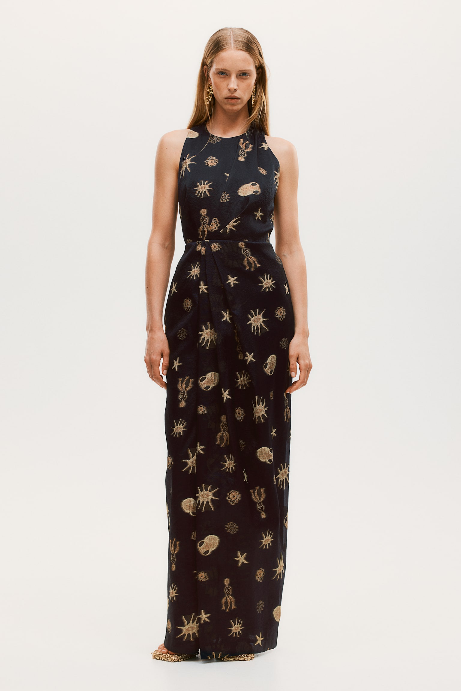 Draped-detail jacquard-weave dress - Black/Mythical images - 1