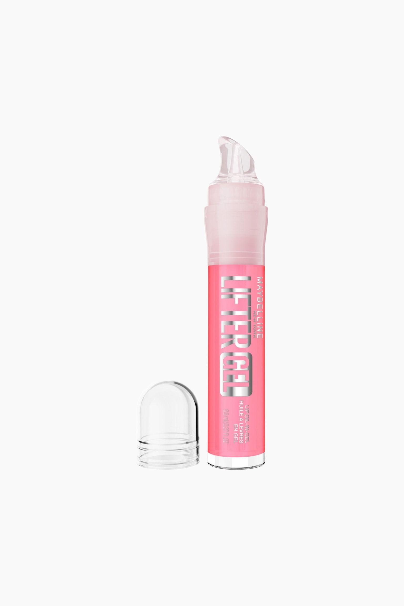 En genomskinlig tub med rosa-korallfärgat läppgel står upprätt, med en genomskinlig, böjd applikatorspets som sticker ut från toppen. Silverfärgade bokstäver med texten 'LIFTER GEL' löper vertikalt längs framsidan, medan ett klart, kupolformat lock ligger på sidan bredvid tuben.