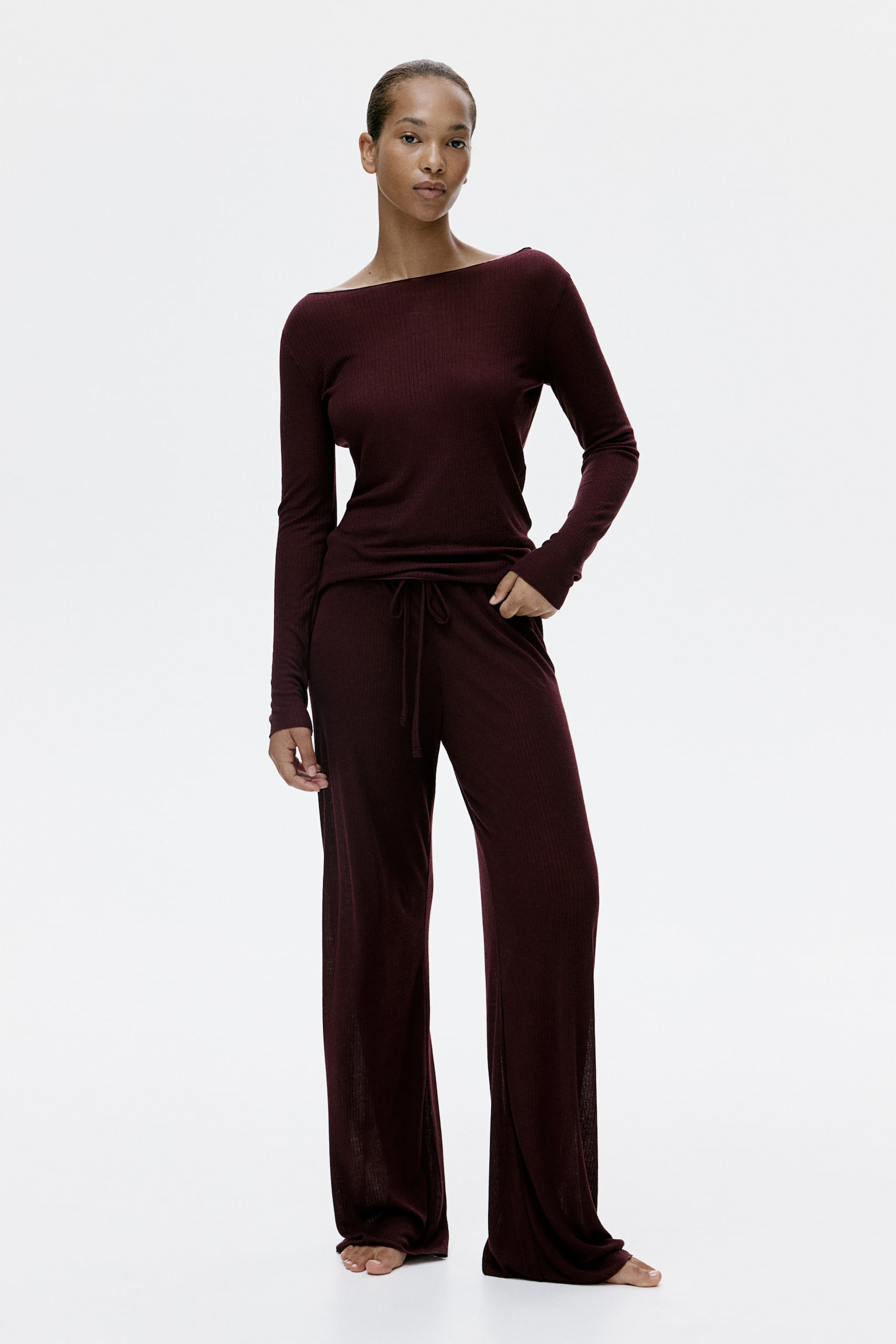 Pyjama côtelé - Bordeaux/Beige clair chiné/Marron foncé/Noir - 1