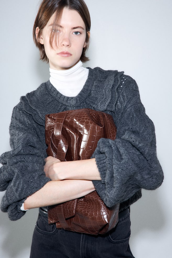 Collared cable-knit cardigan-Dark grey - 4