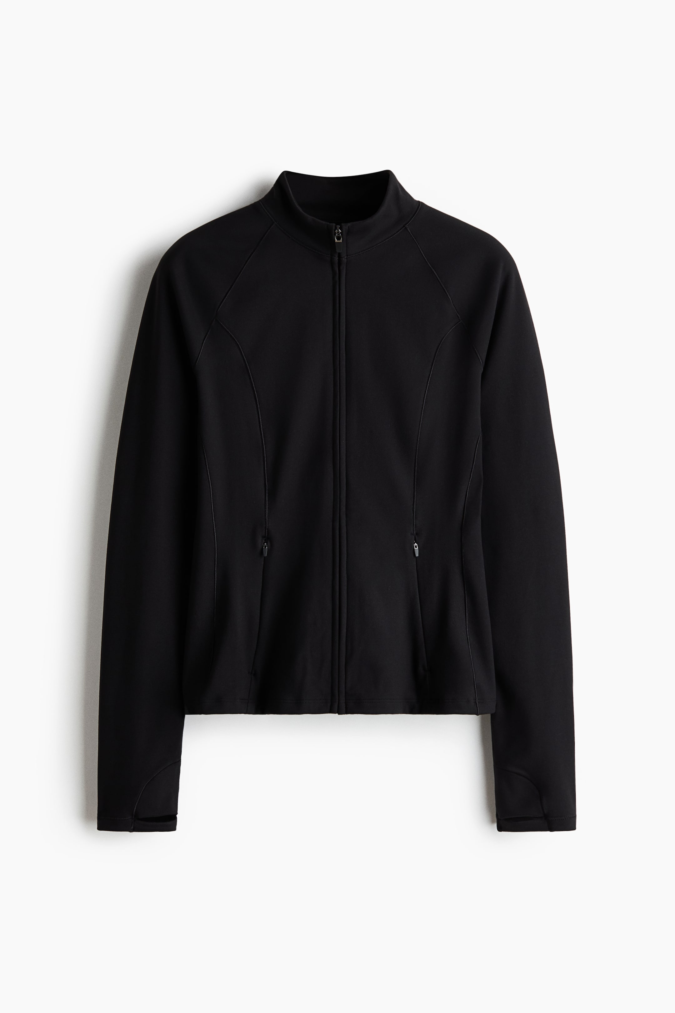 View larger image: A black athletic jacket is shown from the front, featuring a mock neck, a full-length front zipper, and contoured seams for a fitted silhouette. The jacket features long raglan sleeves with thumbholes at the cuffs and two side pockets with vertical zipper closures.