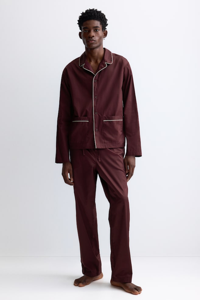 Cotton pyjama shirt and bottoms - Burgundy - 1