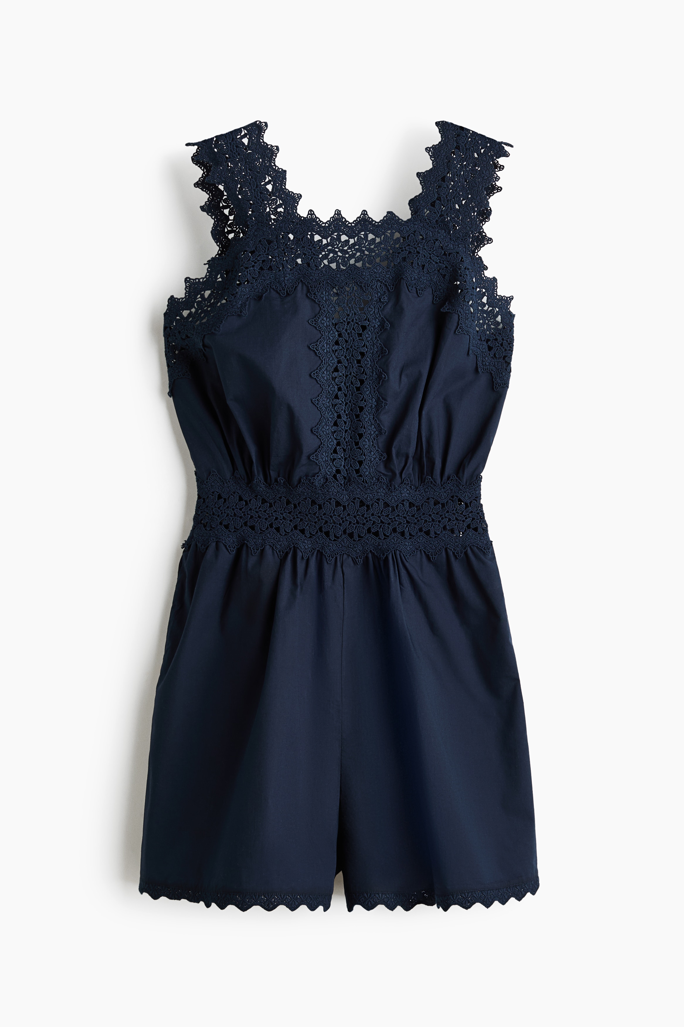 Lace-detail cotton playsuit - Navy blue/White