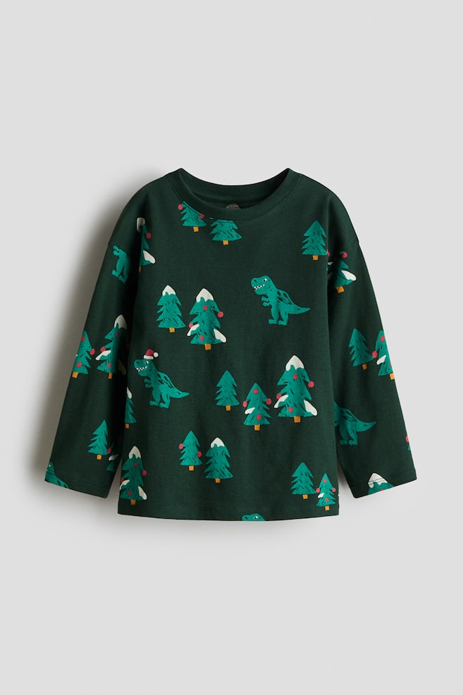 Camiseta de algodón con motivo decorativo - Verde/Árboles de Navidad/Negro/Esqueleto/Naranja/Lámpara de calabaza/Blanco/Jolly Holly/Gris claro jaspeado/Dinosaurio/Blanco/Osos - 1