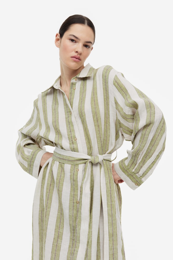 Linen shirt dress - Dusky green/Striped/Pale yellow/Striped - 5