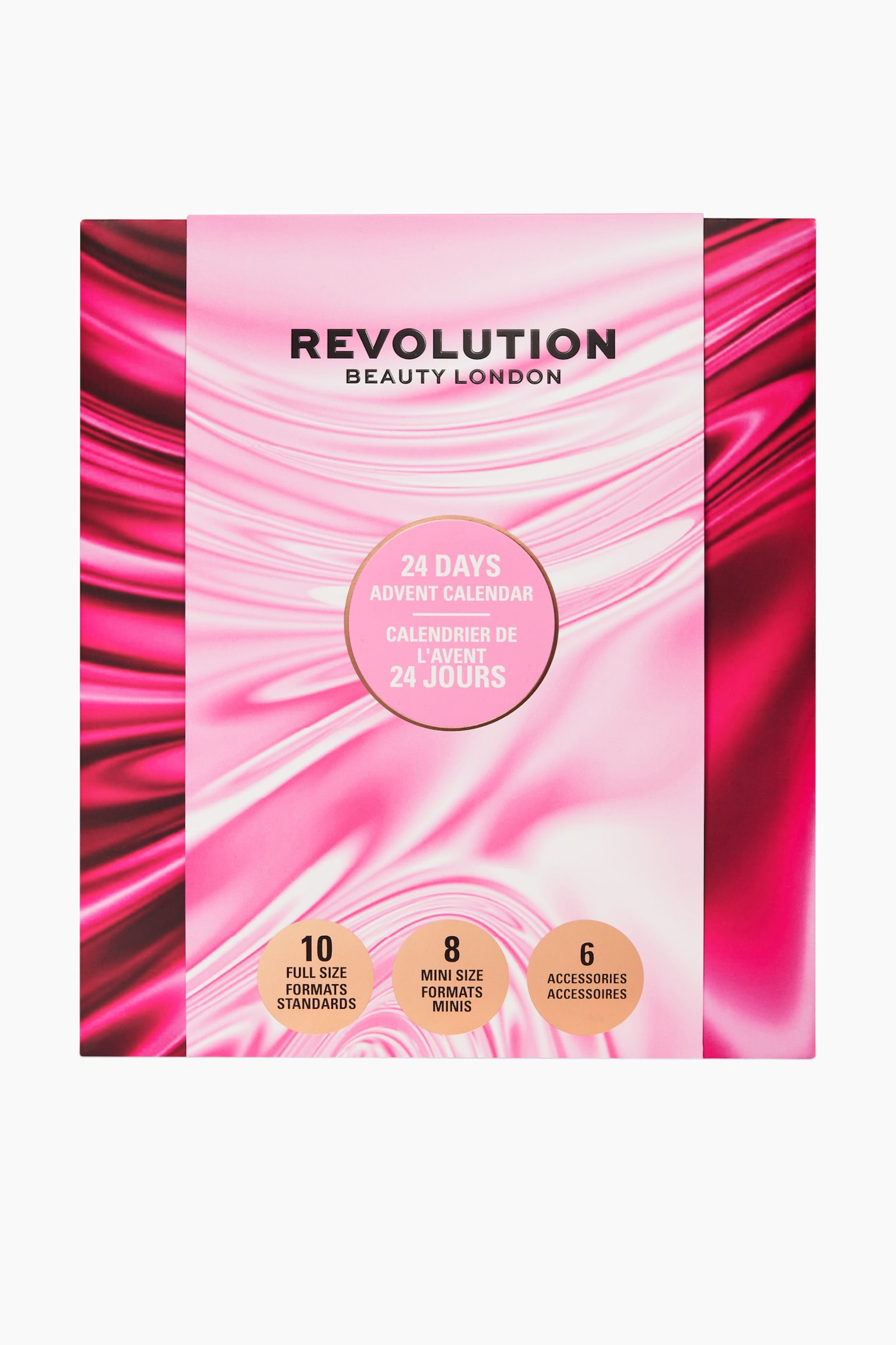 Adventskalendern visas som en fyrkantig lÃ¥da framifrÃ¥n, med en satinstruktur i rosa och magenta i virvlande mÃ¶nster. Frontpanelen visar varumÃ¤rket "REVOLUTION" hÃ¶gst upp, en central cirkel med guldkant med texten "24 DAYS ADVENT CALENDAR" samt tre mindre guldcirklar lÃ¤ngst ned som beskriver produktinnehÃ¥llet. - 1