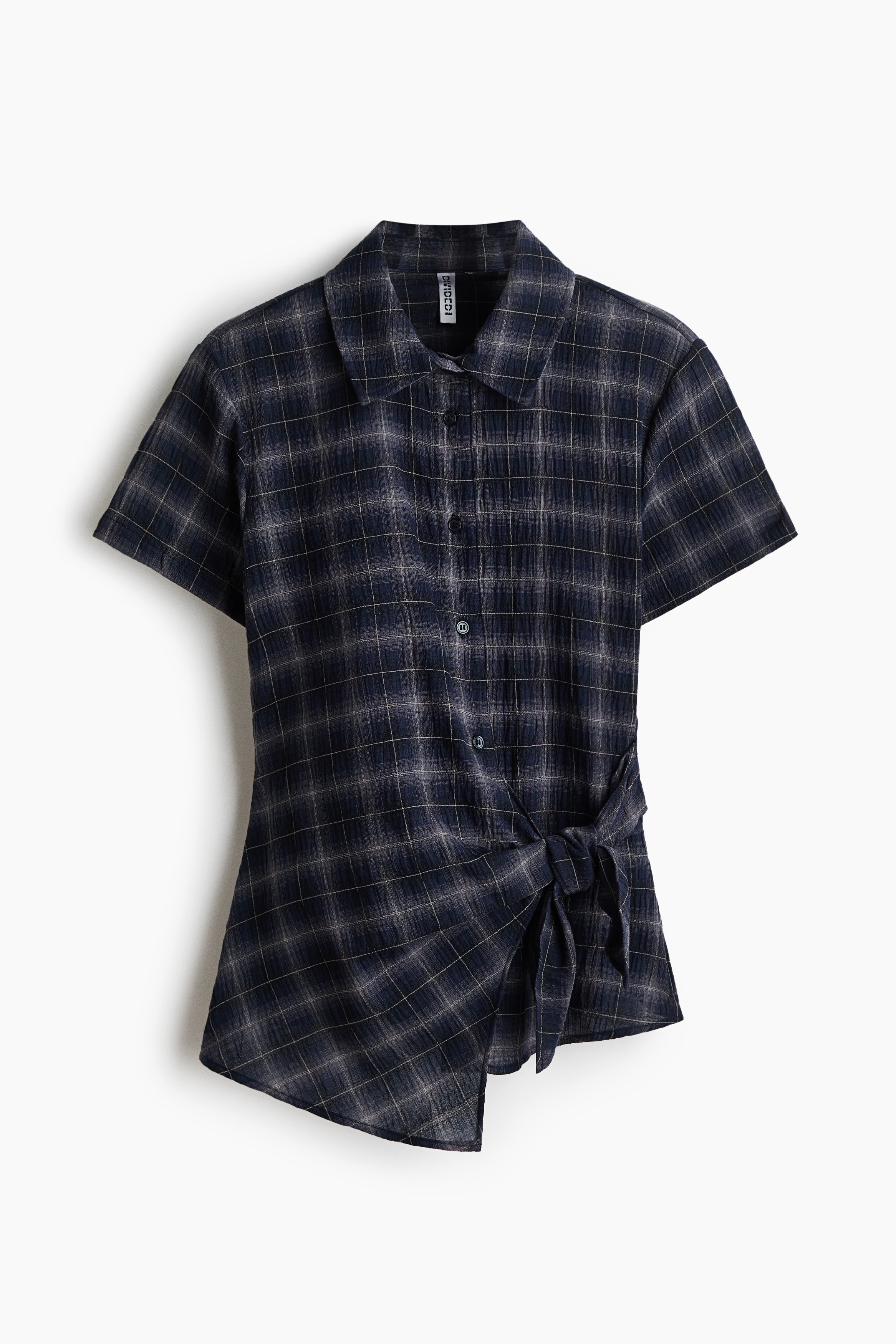 Smocked tie-detail shirt - Navy blue/Checked/Cream
