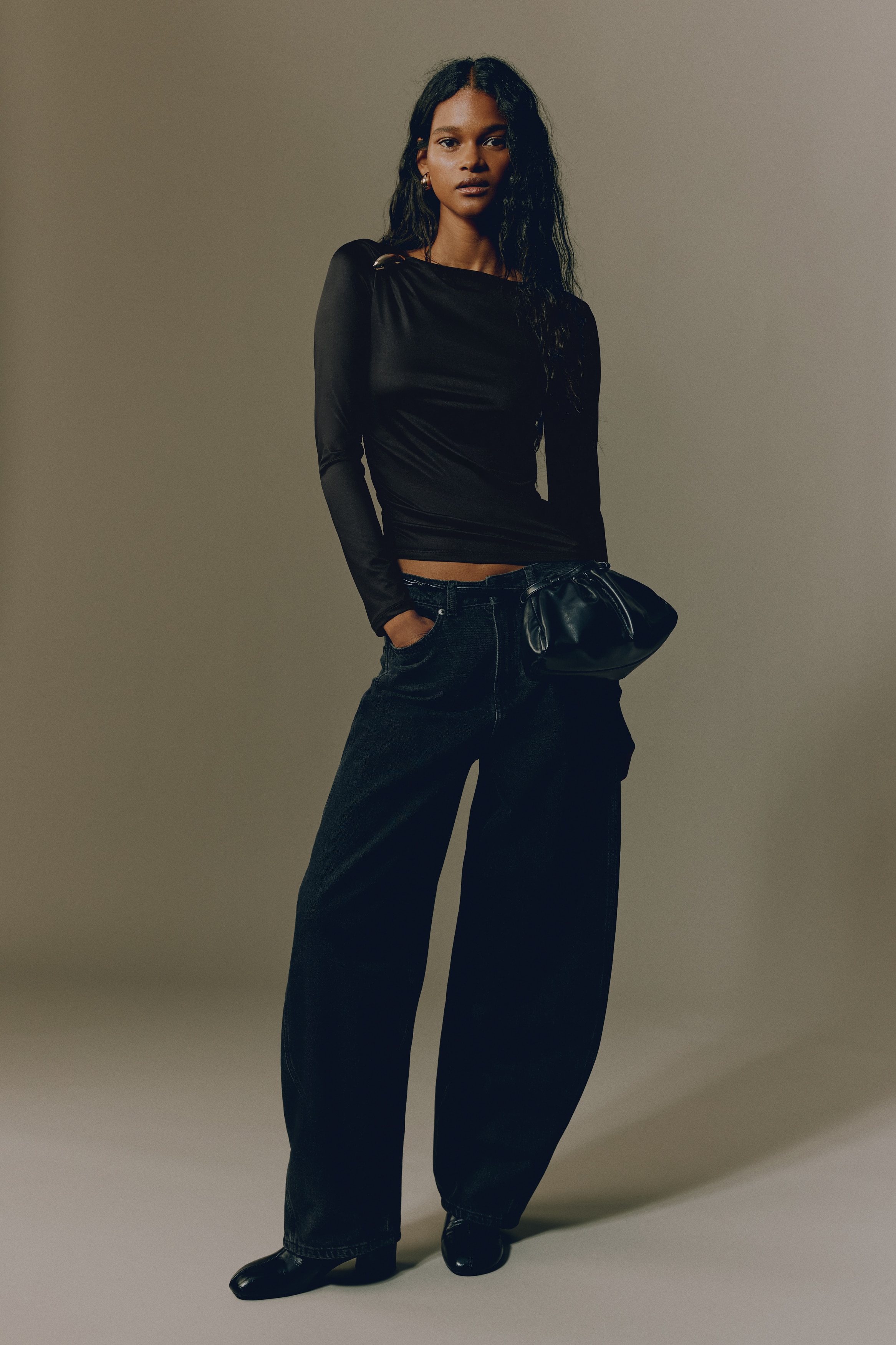 Maglia asimmetrica in jersey - Nero/Beige/Marrone