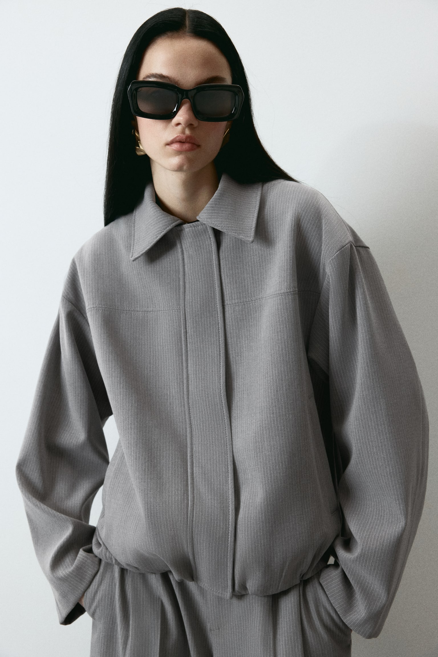 Collared bomber jacket - Light grey/Pinstriped/Olive green/Light beige/Checked/Grey/Light turquoise - 1