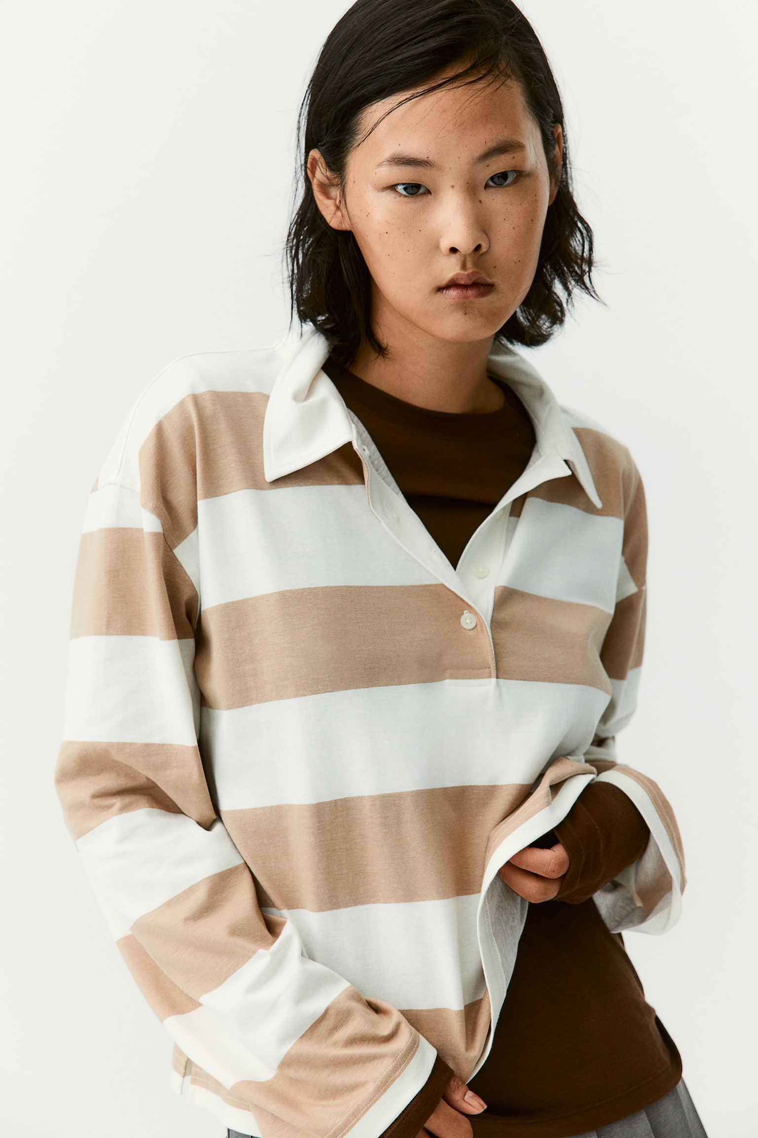 Oversized polo shirt - White/Beige striped/Navy blue/Striped - 1