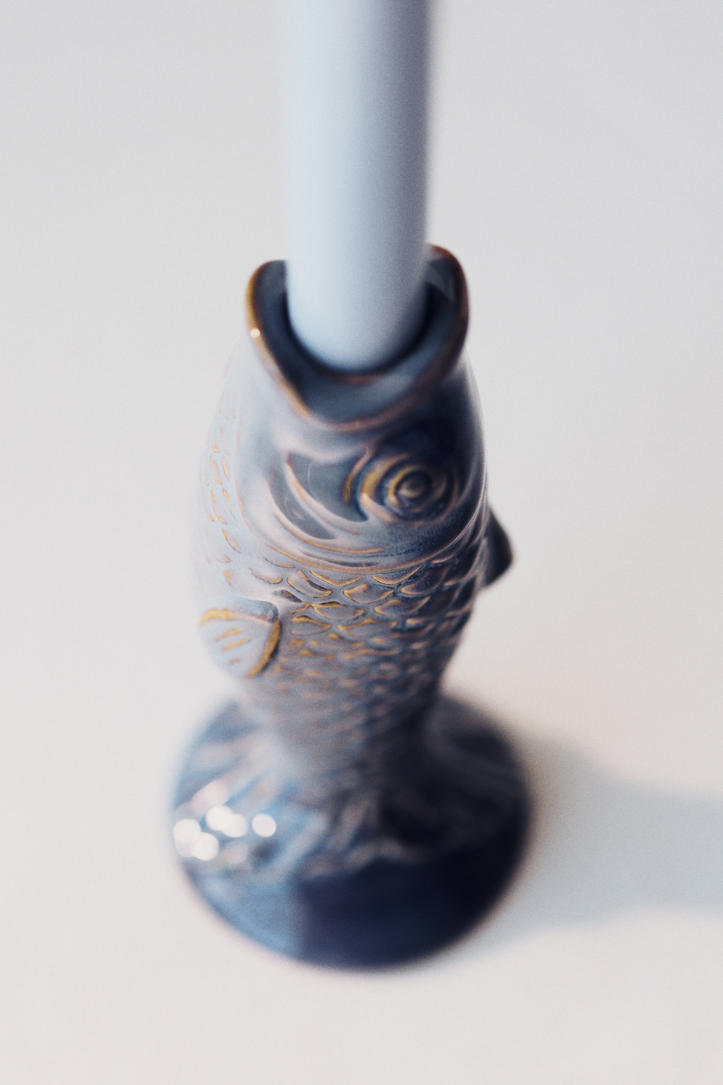 Stoneware Candlestick - Blue/Light beige