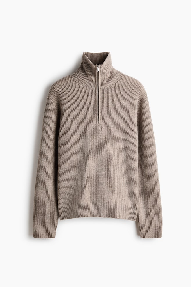 Regular Fit Zip-top wool jumper - Beige/Dark khaki green/Dark grey - 1