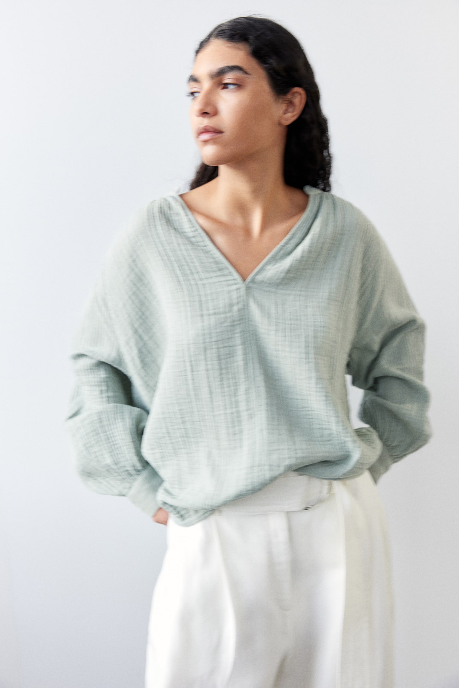 Double Weave Blouse - Sage green/Blue/White/Blue stripe/White/White - 1