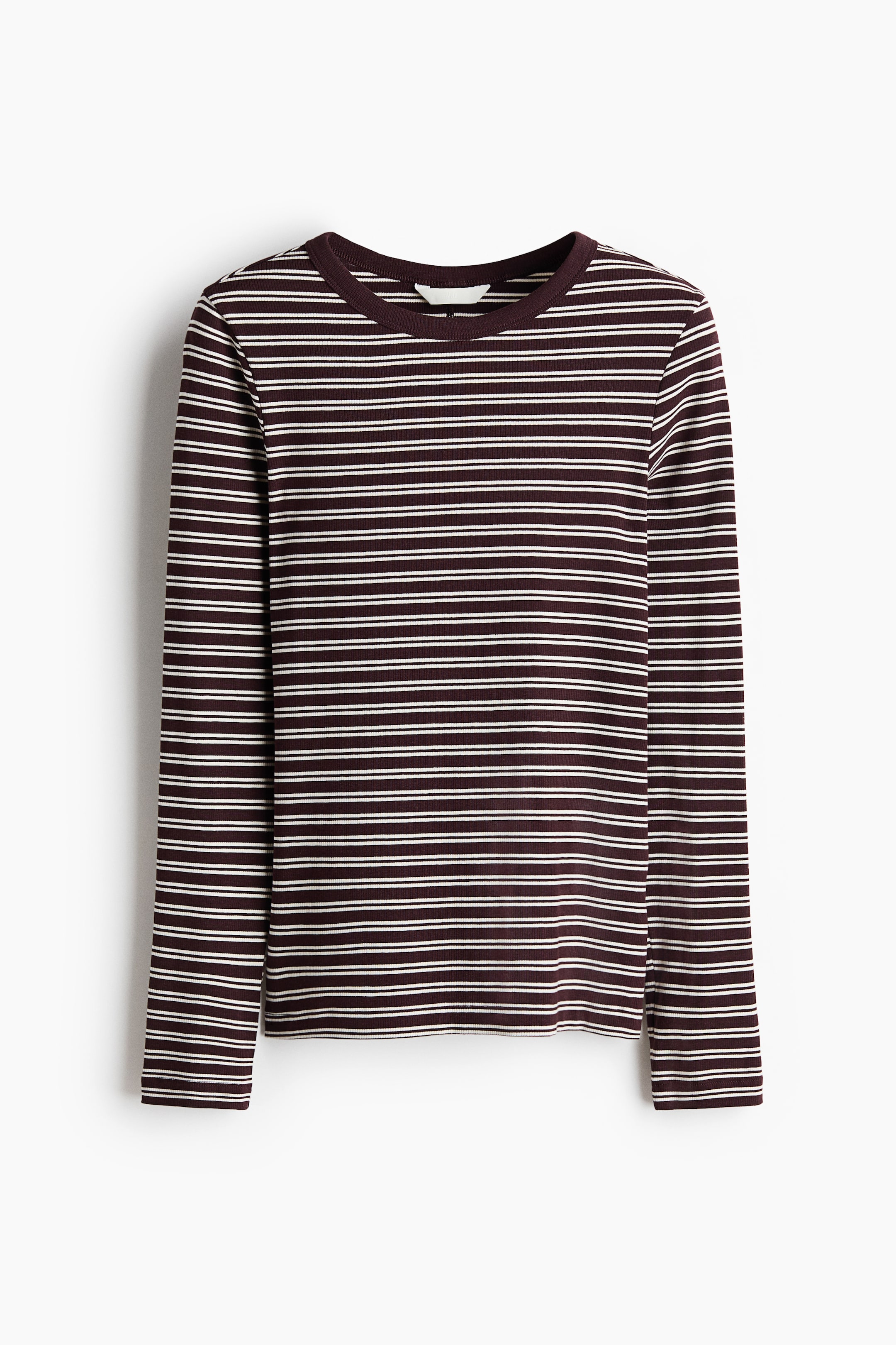 View larger image: A fitted, long-sleeved top showcasing a dark reddish-brown ribbed jersey fabric with thin white horizontal stripes. It features a round neckline and is presented front-facing.