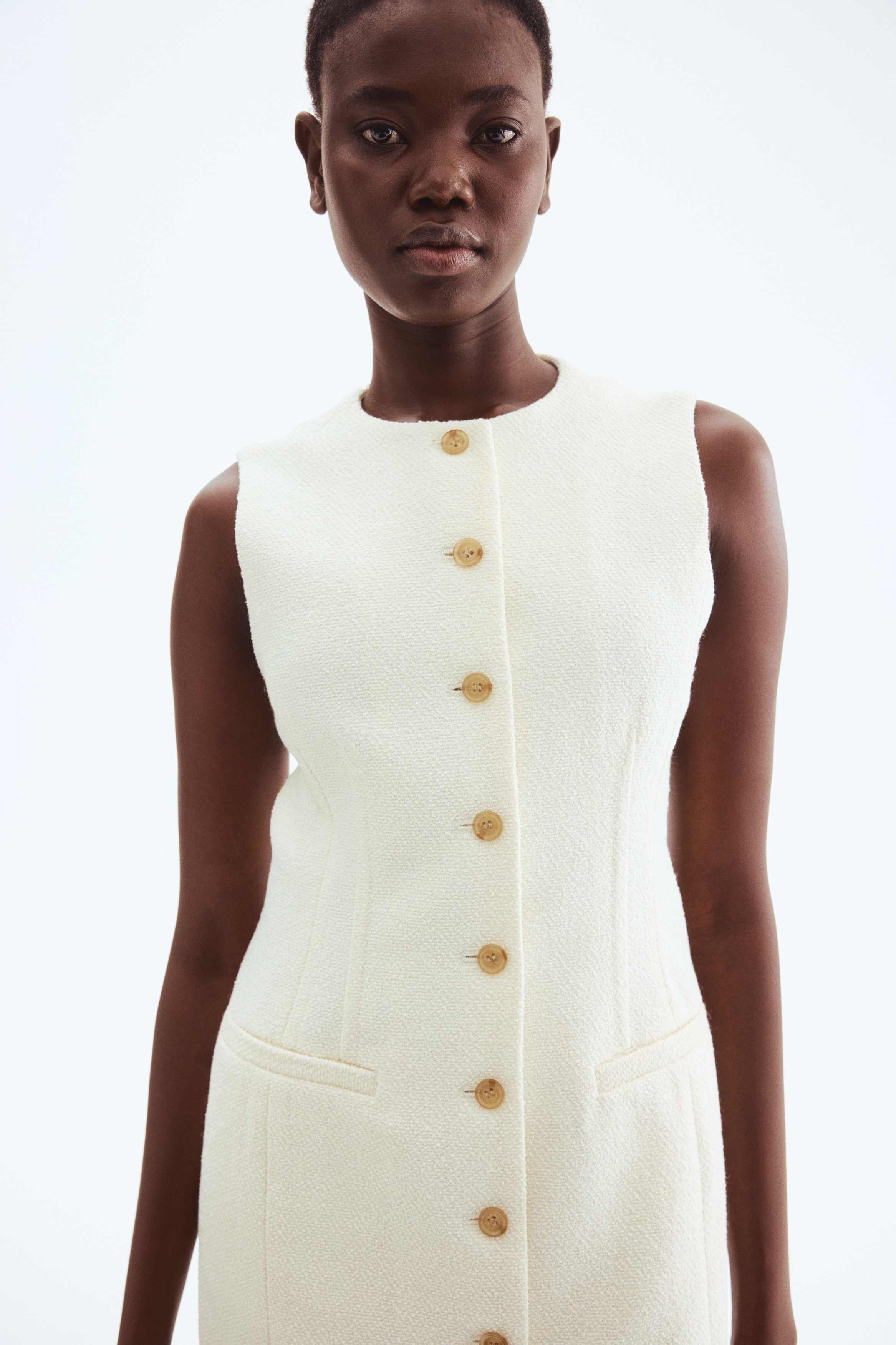 cream dress with gold buttons Marigold Mustang: Gabby Mini Dress in Cream