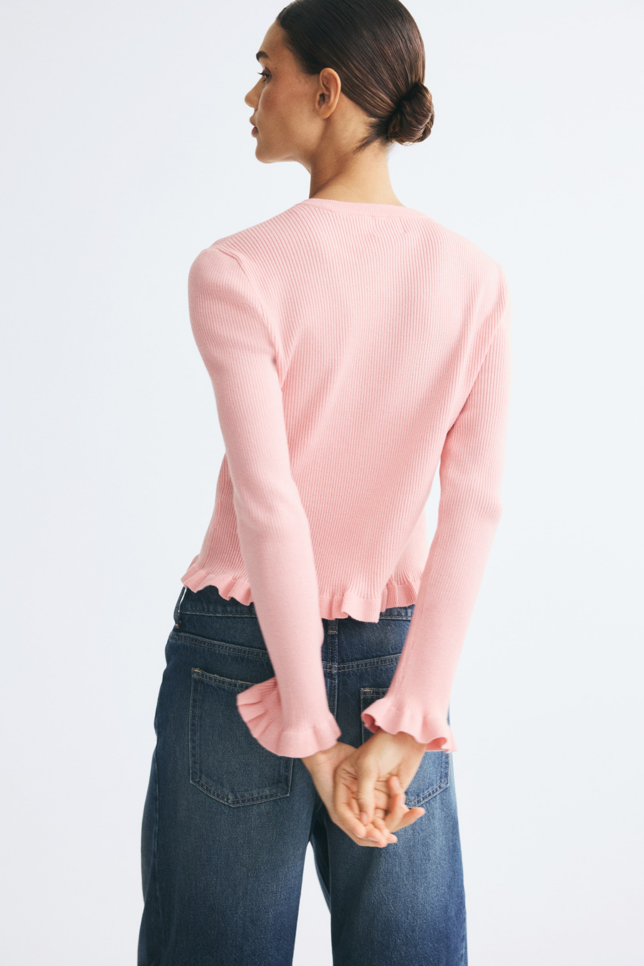 Ruffled Rib-Knit Cardigan