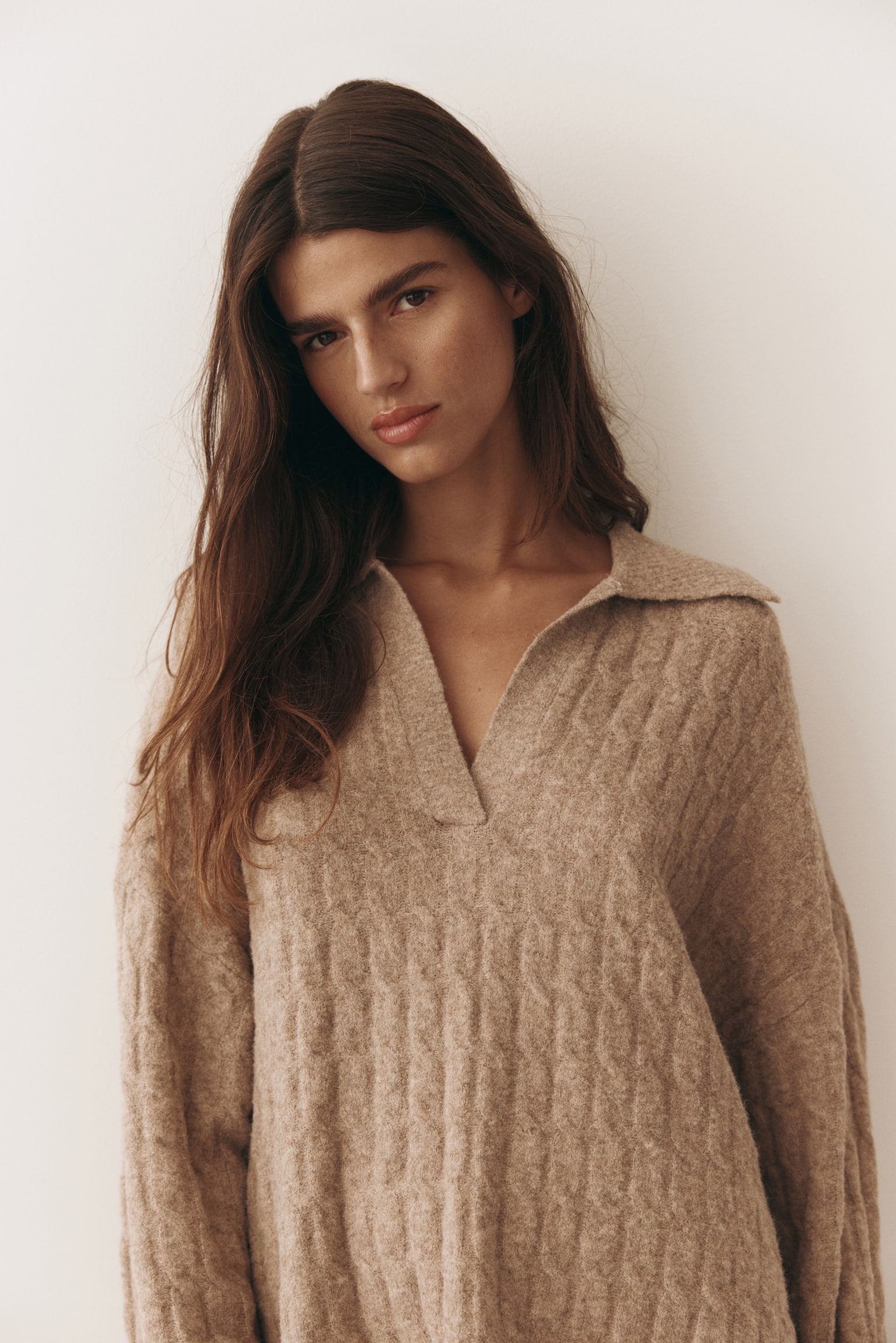 Pullover in maglia a trecce con colletto - Beige polvere/Grigio chiaro mélange/Beige/Beige - 5