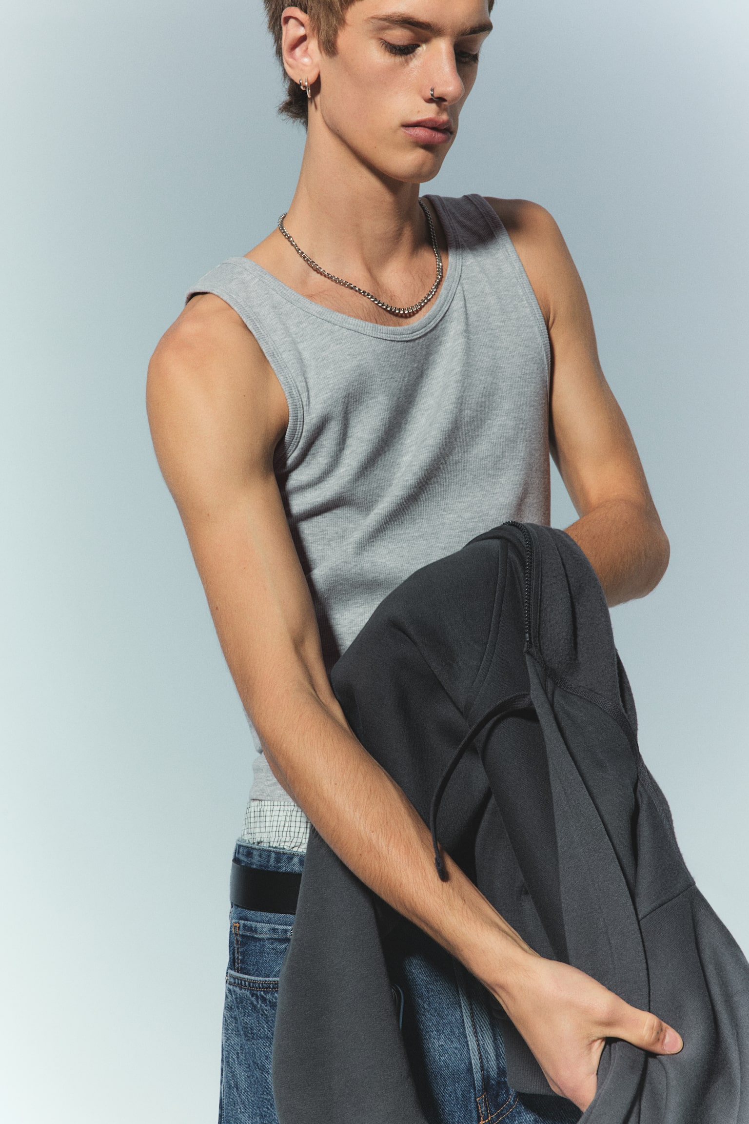 Slim Fit Ribbed vest top - Grey marl/White/Black - 6