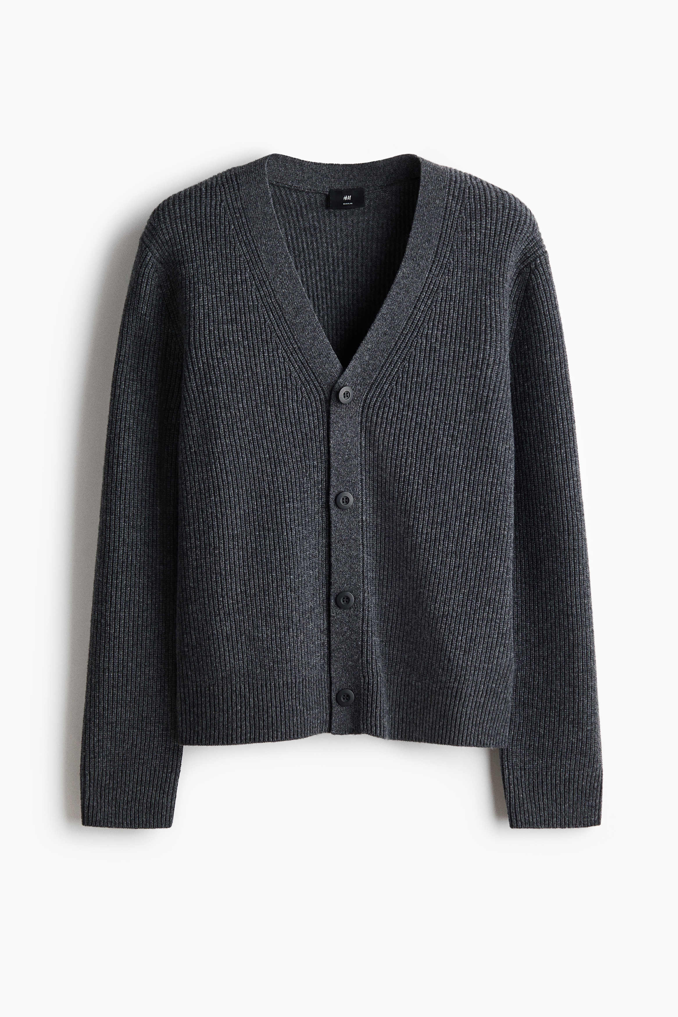 Regular Fit Ribbestrikket cardigan i ull - Mørk grå/Sort/Dark mole