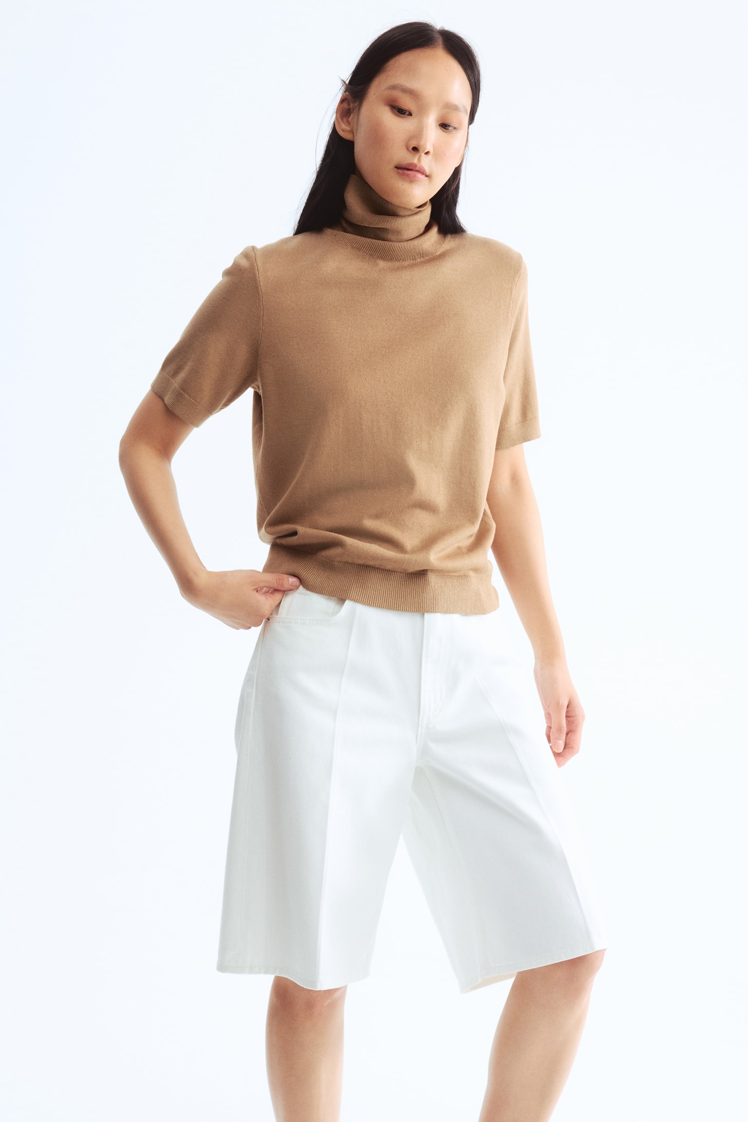 Fine-knit polo-neck top - Beige/Black/striped/Red/White - 3