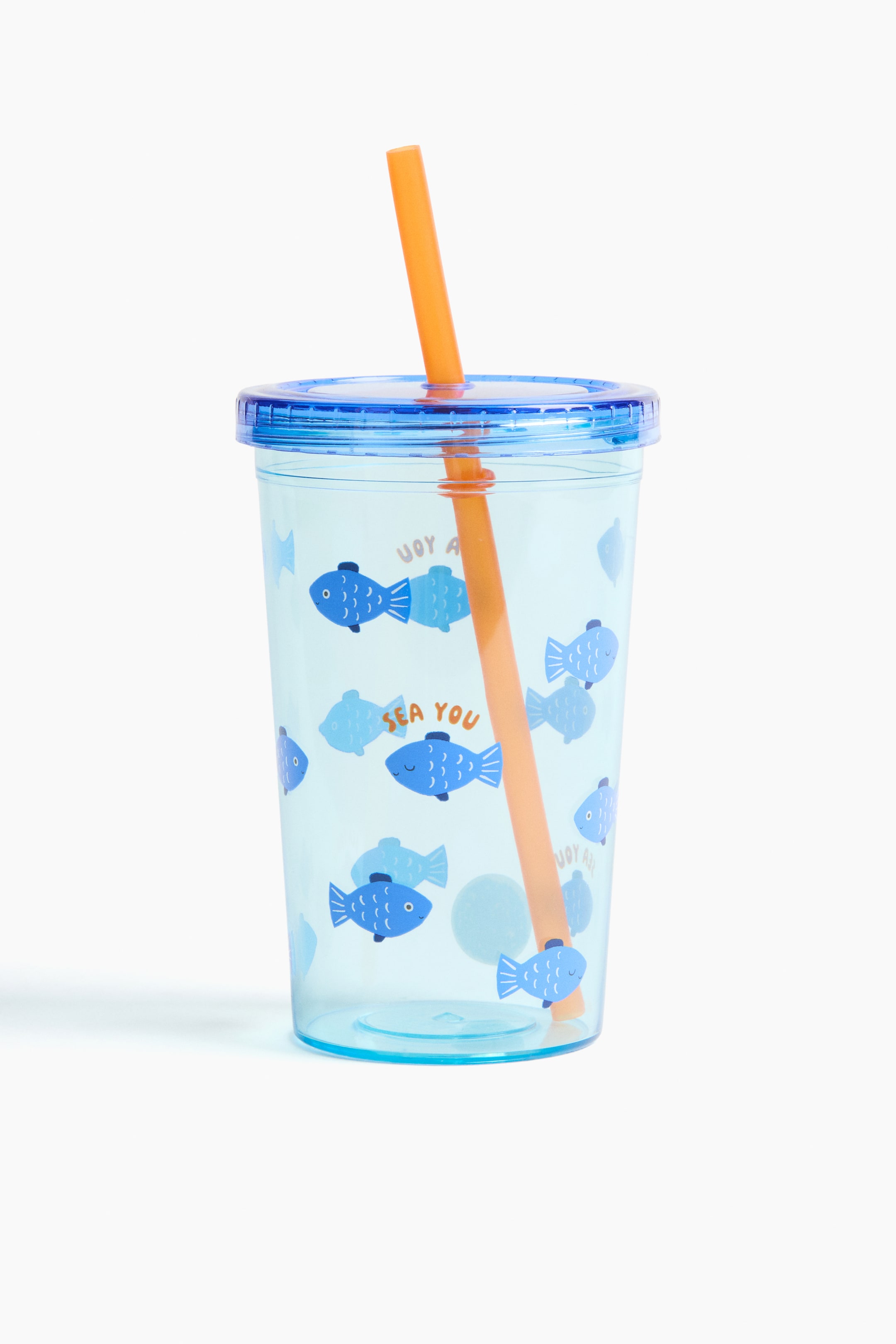 View larger image: Clear plastic mug features a blue screw-top lid and an orange straw. Blue fish graphics and the text 'SEA YOU' are printed on the clear surface. It measures 9 cm in diameter at the top and 13 cm tall.