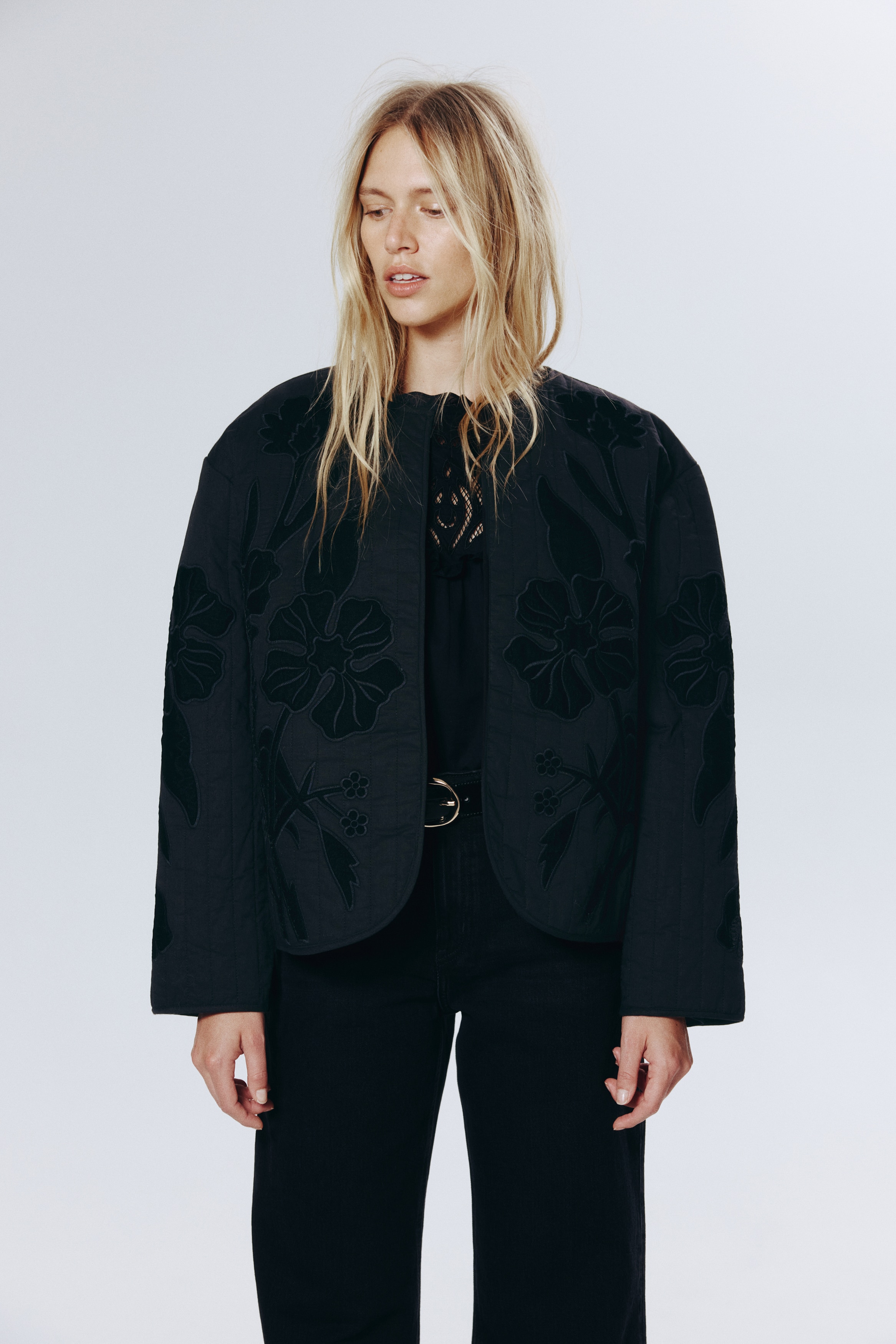 Ladies - Black Appliquéd quilted jacket - Size: XL  - H&M